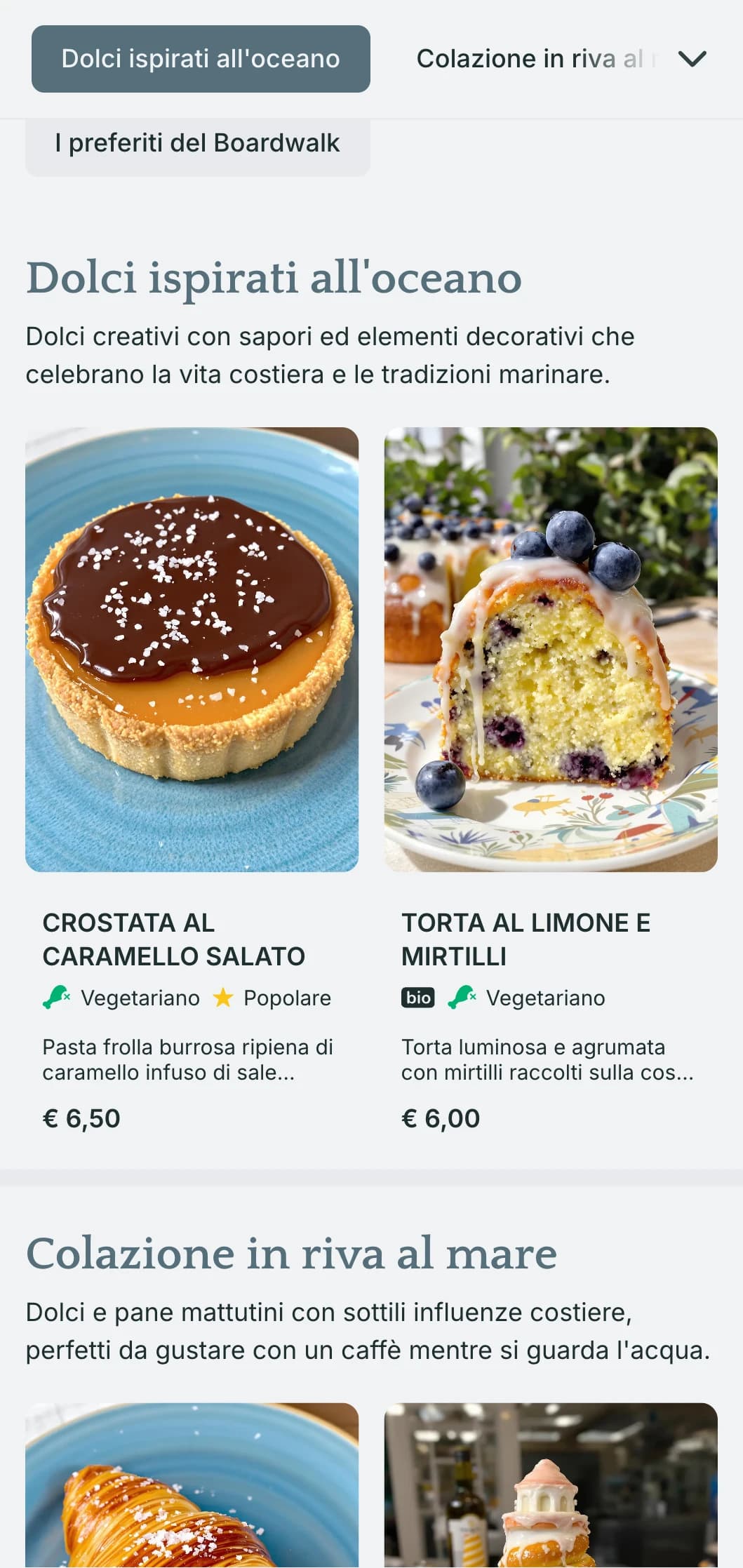 Un design per il menu di una panetteria fresco e di ispirazione marittima, con toni blu costieri e una tipografia ariosa, perfetto per le panetterie sul mare e le caffetterie delle città balneari.