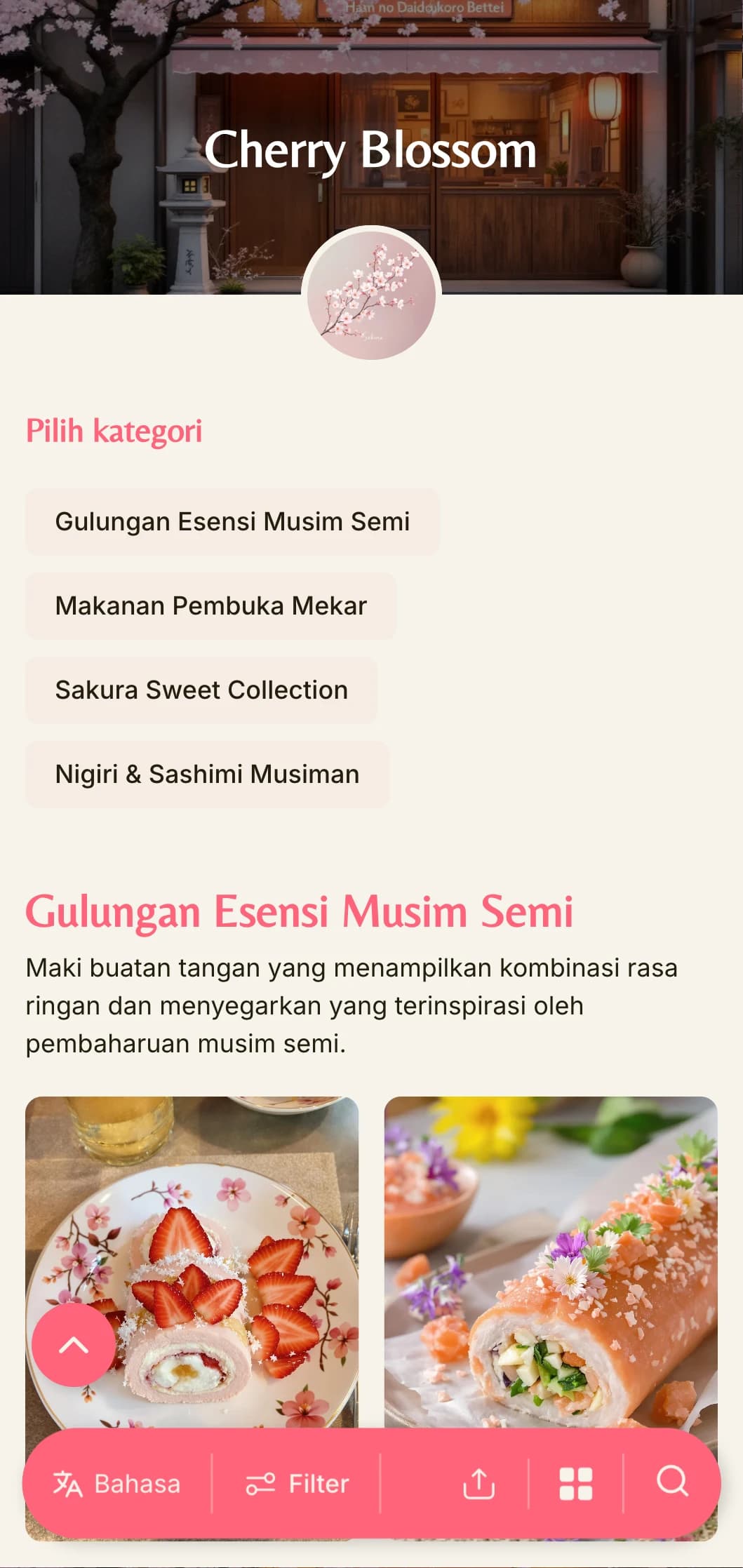 Menu sushi yang lembut dan terinspirasi dari musim semi dengan aksen bunga sakura berwarna merah muda yang lembut dengan latar belakang krem yang hangat.
