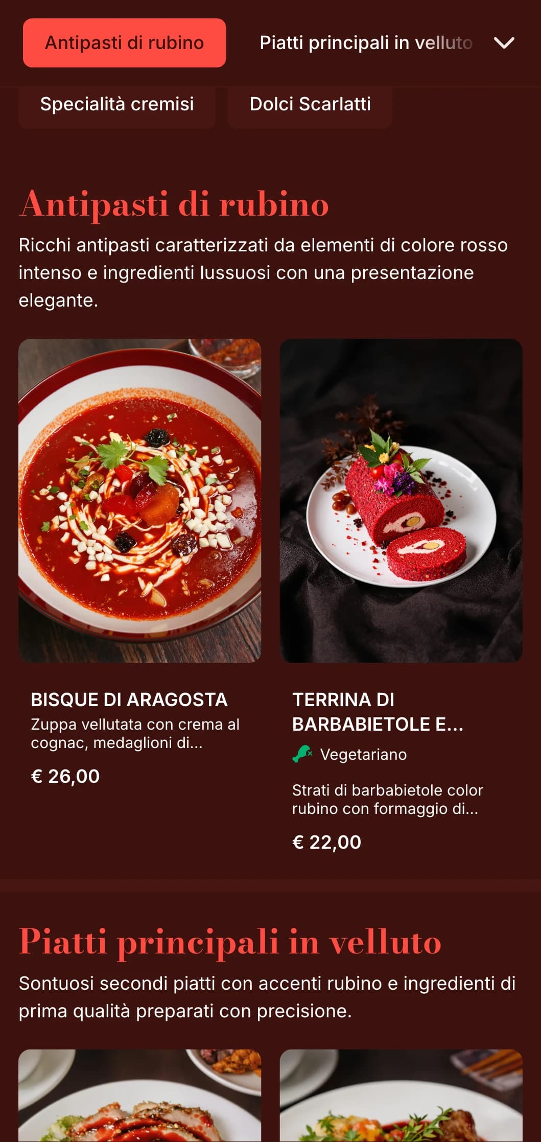 Un menu per la cena ricco e rosso rubino, con texture morbide ed elementi scenografici, pensato per le sale da pranzo romantiche.