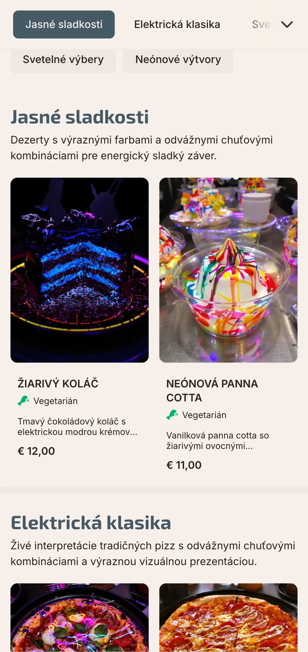 Moderné menu pizze s neónovými farebnými akcentmi a modernou mestskou estetikou.