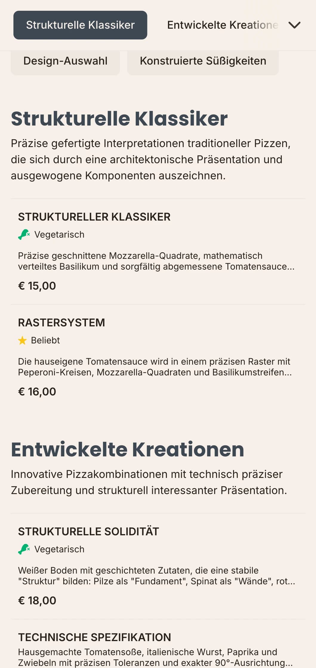 Architektonisch inspirierte Pizzakarte mit präzisen Layouts und technischer Ästhetik.