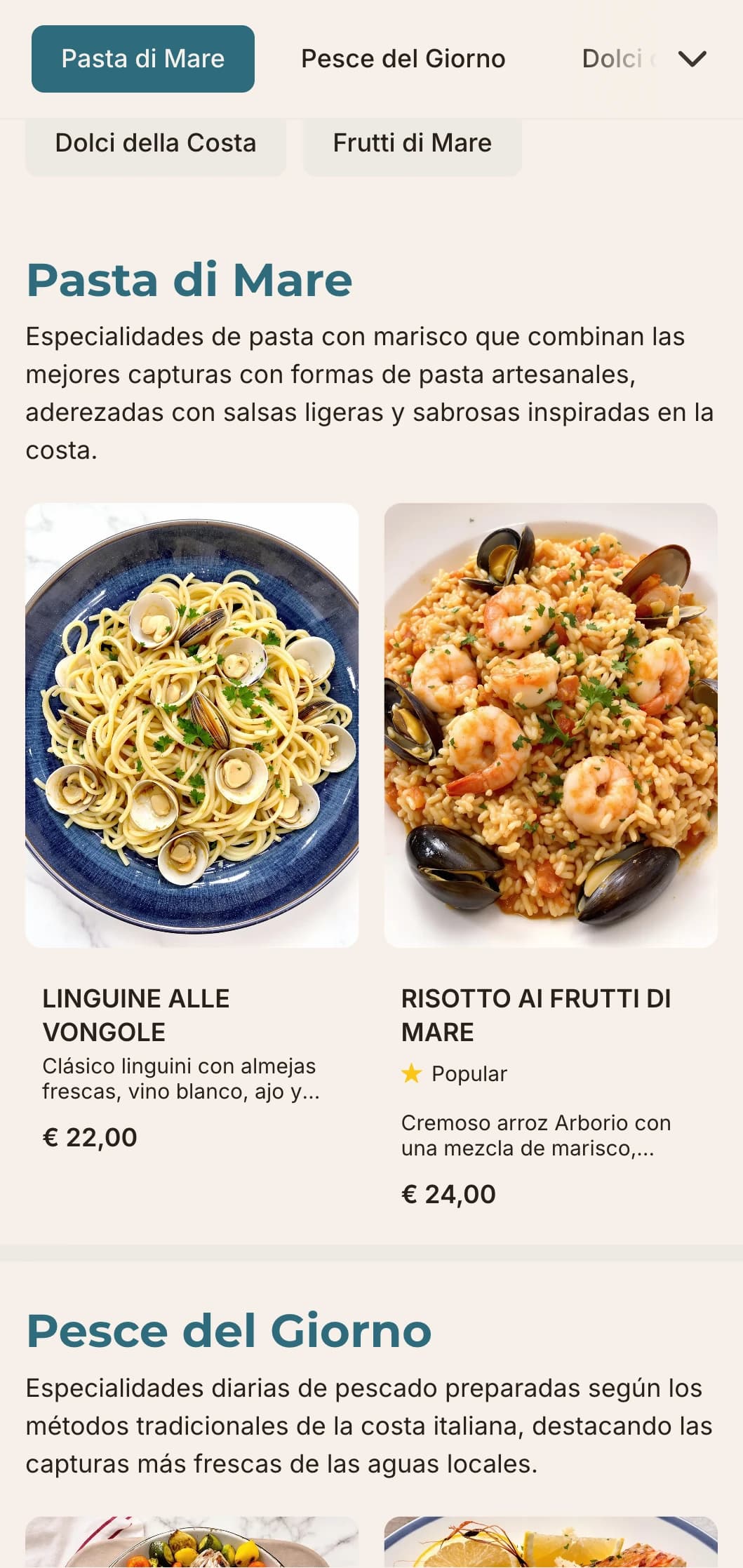 Diseño de inspiración mediterránea con tonos azules marinos, tipografía limpia y diseños desenfadados para marisquerías italianas.