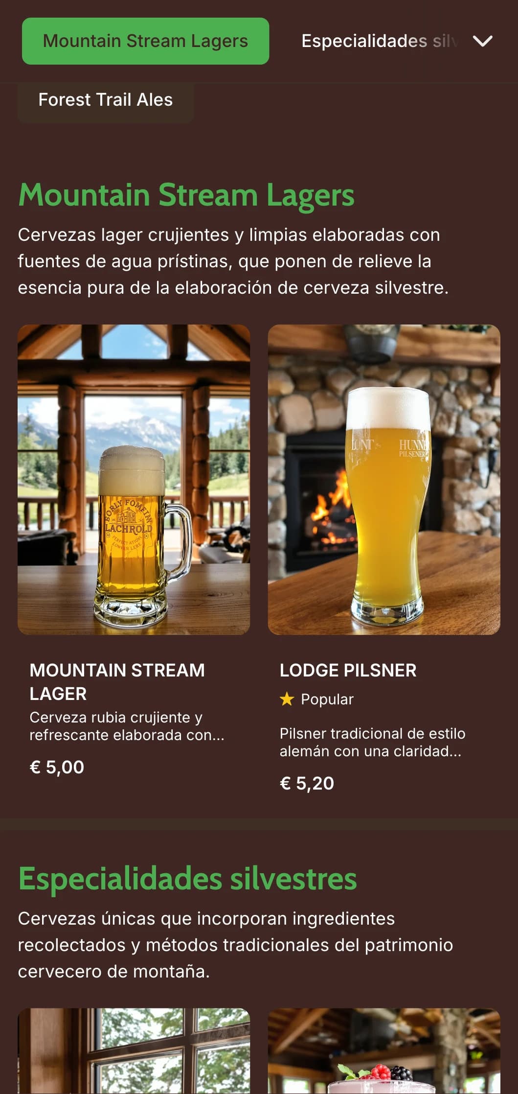 Diseño rústico y cálido inspirado en los refugios de montaña, con texturas de madera y elementos al aire libre para cervecerías de temática salvaje.
