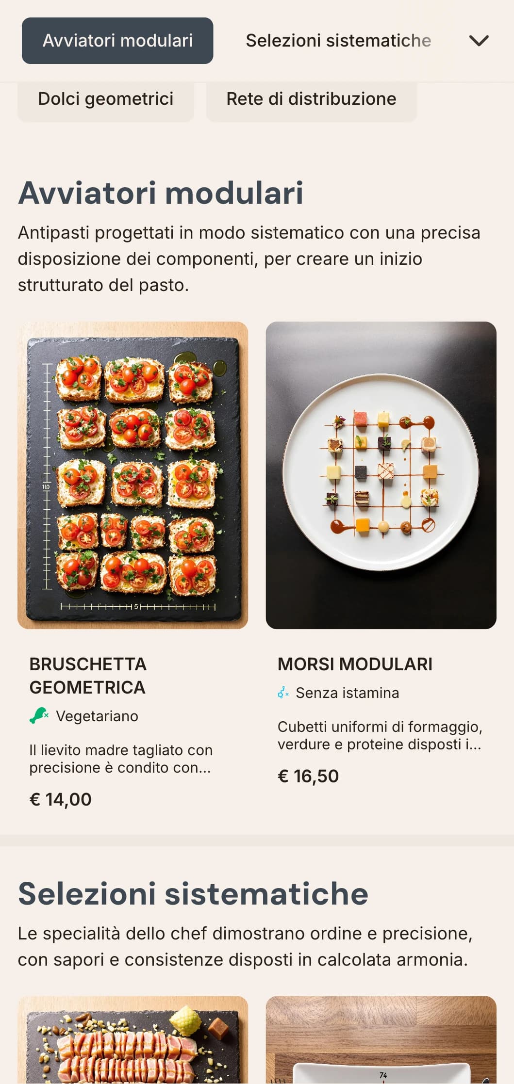 Design strutturato e a griglia per il menu del pranzo, con precisione matematica e organizzazione pulita, ideale per ristoranti di design e locali contemporanei.