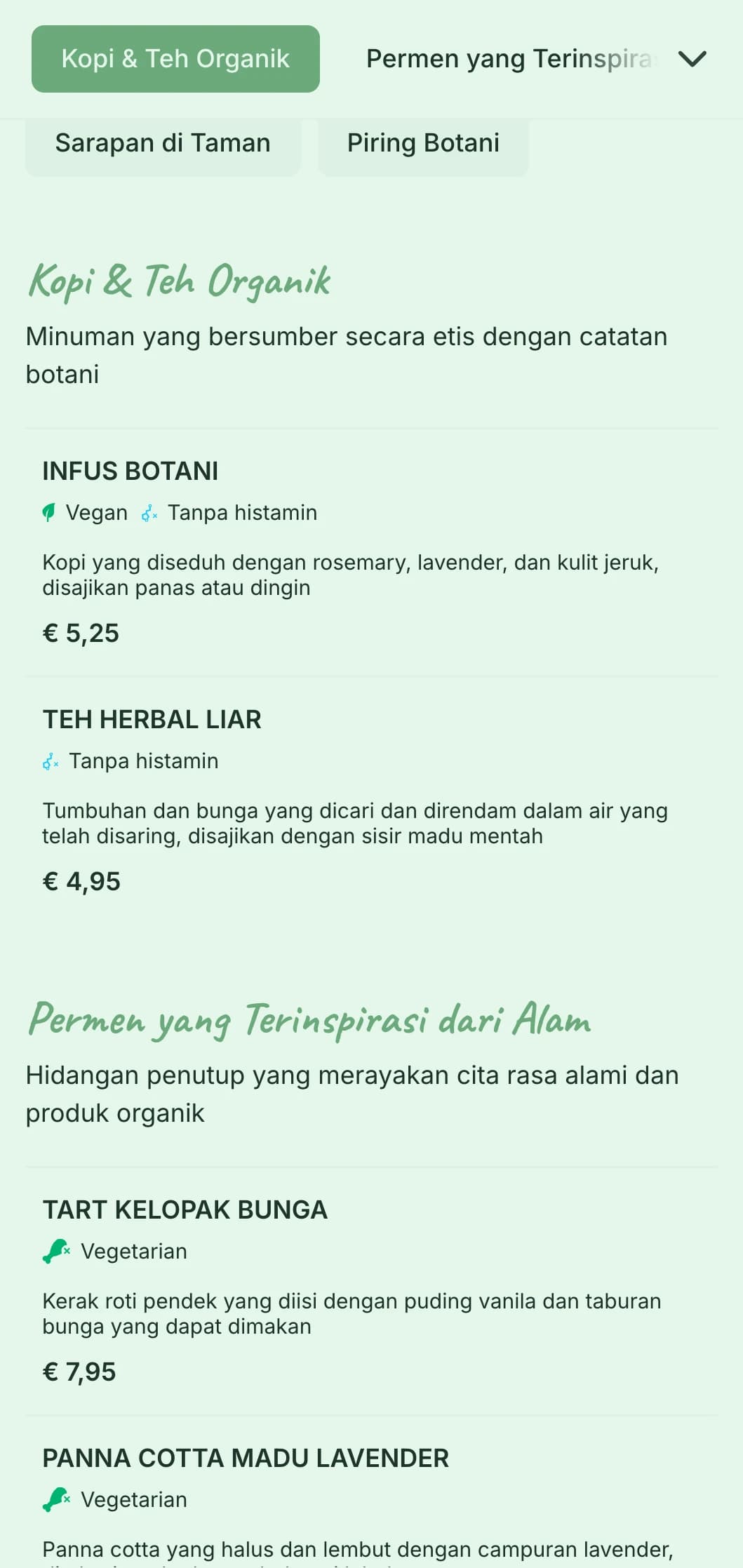 Desain bertema hijau segar dengan elemen botani untuk kafe taman dan tempat makan siang organik.