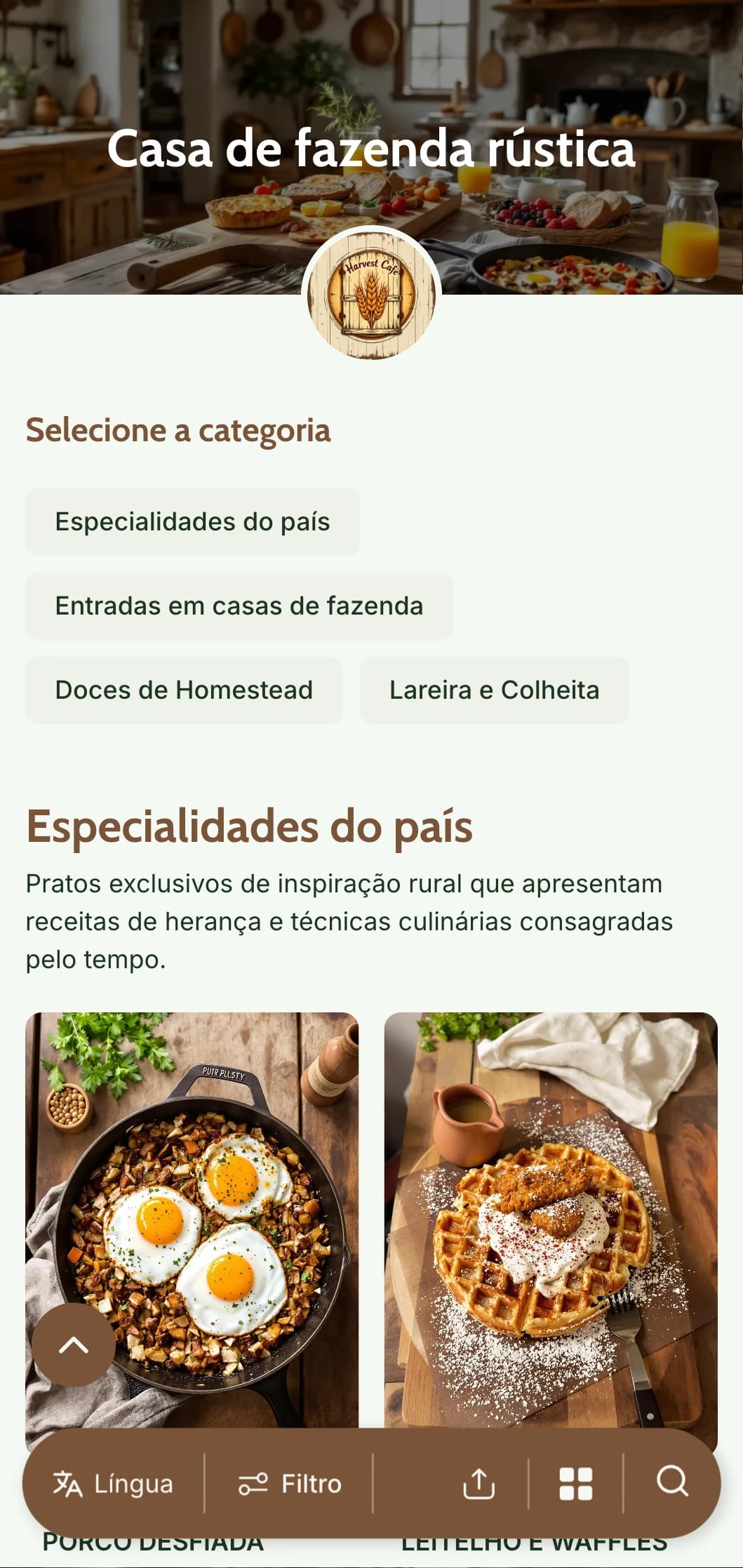 Modelo de brunch aconchegante e rústico com texturas de madeira e elementos caseiros, ideal para estabelecimentos de estilo campestre e de comida caseira.
