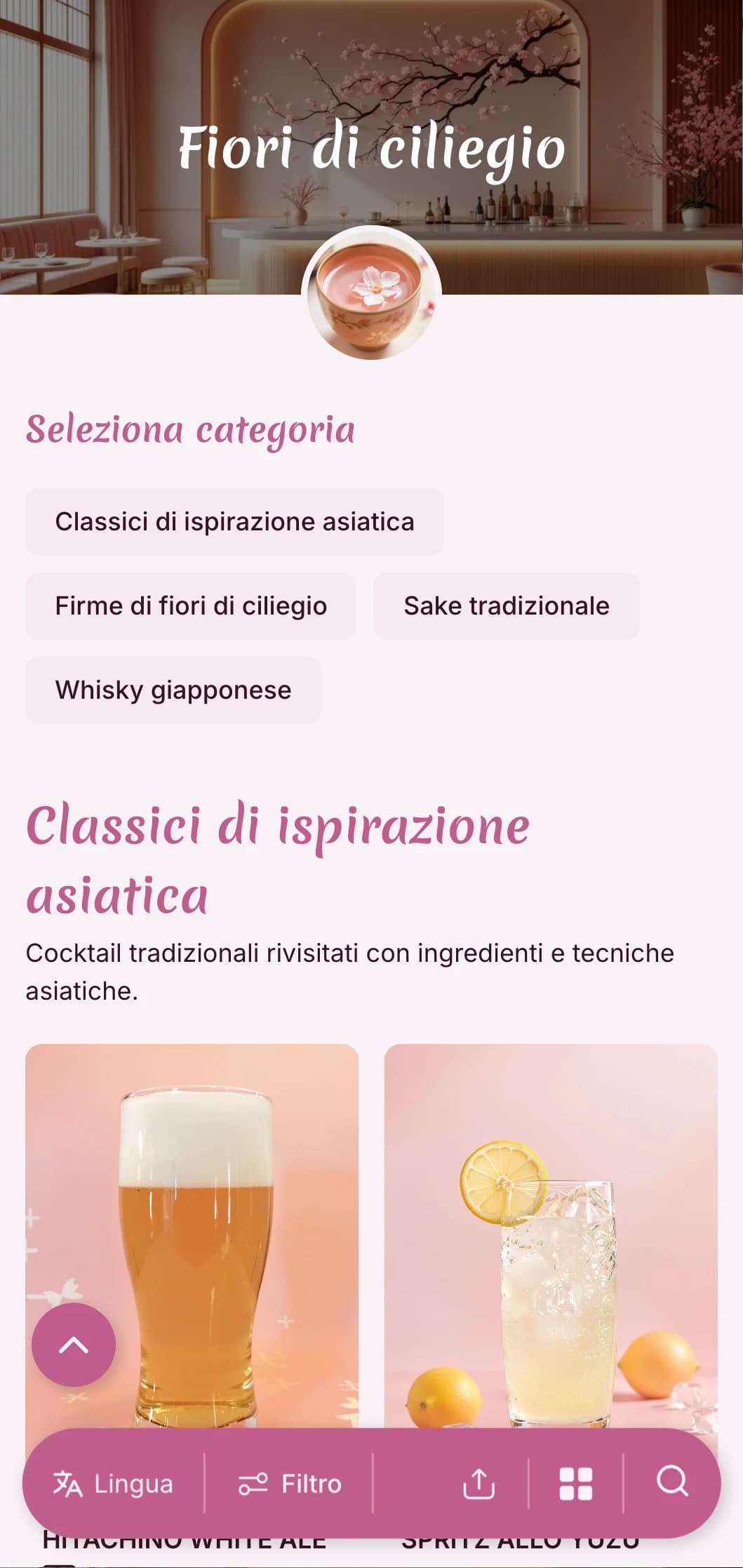 Delicato design rosa ispirato all'estetica giapponese per i bar di sake e Asian-fusion.