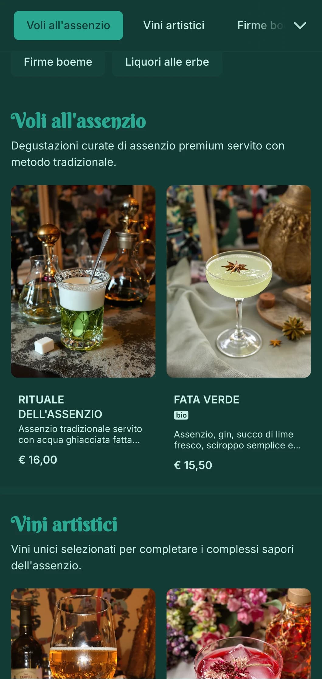 Design verde smeraldo con elementi art nouveau per i salotti dell'assenzio e dei liquori.