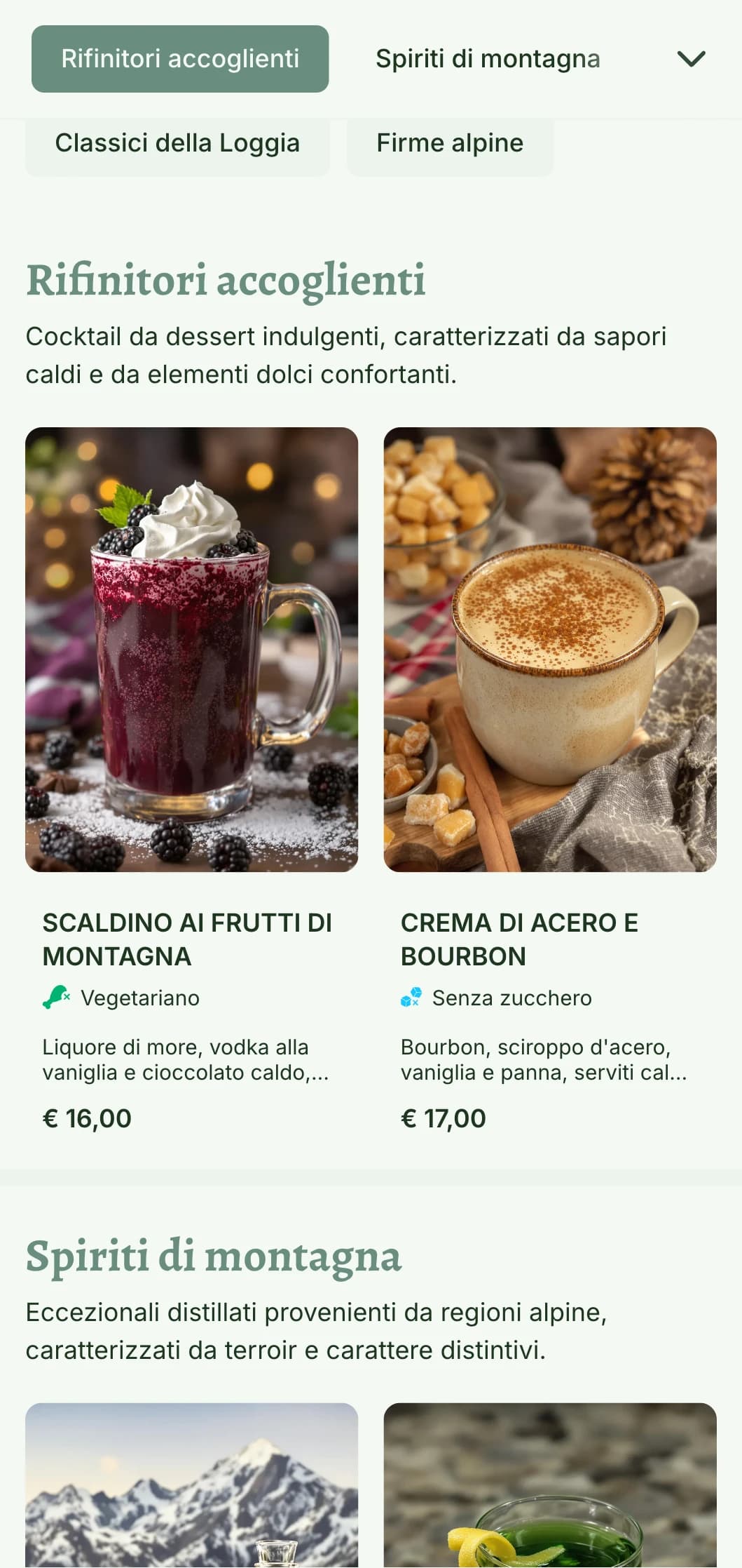 Un design accogliente e di ispirazione montana per bar di località sciistiche e rifugi alpini, caratterizzato da elementi caldi e naturali e da una tipografia rustica.