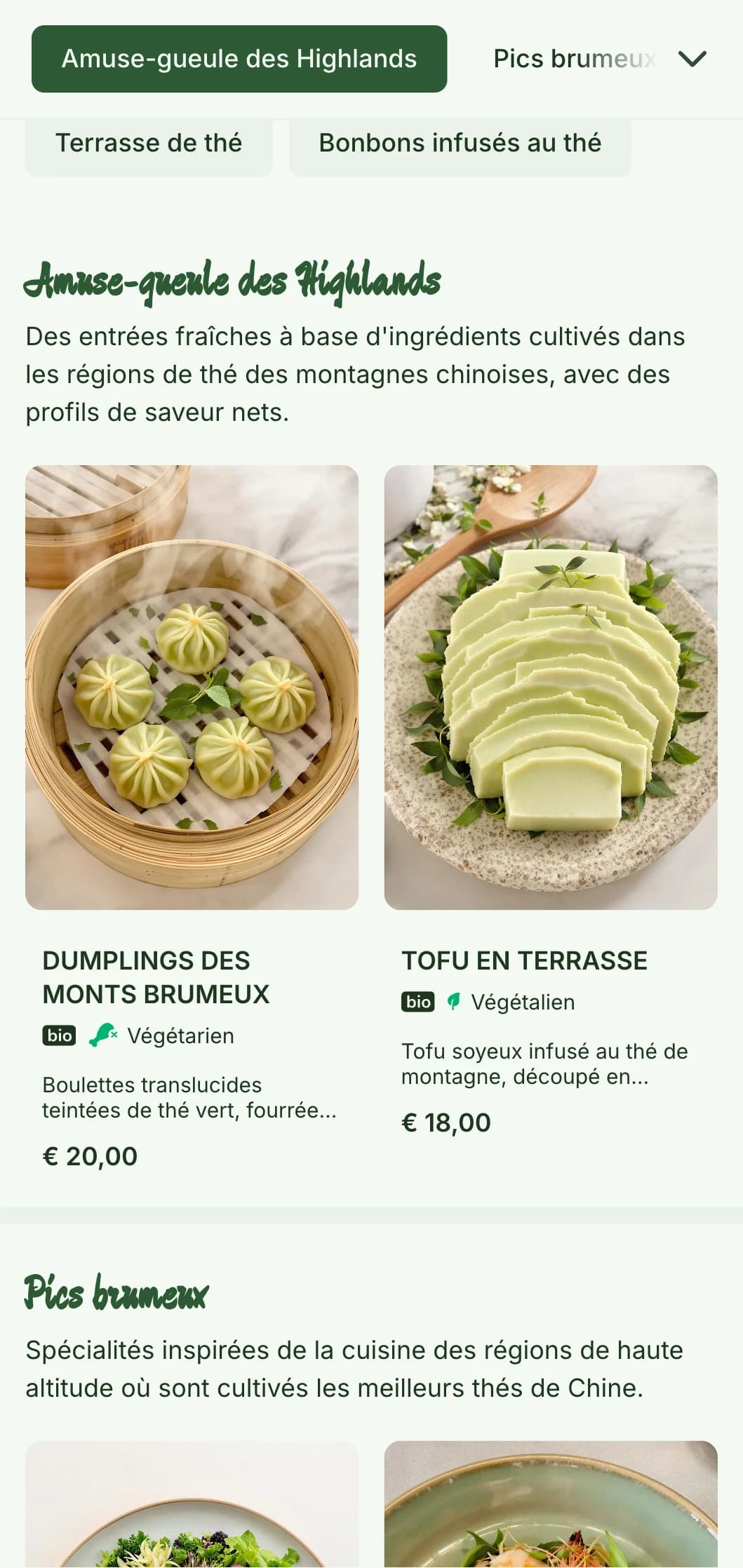 Un menu chinois serein inspiré des plantations de thé de montagne, avec des éléments frais pour une cuisine infusée au thé.