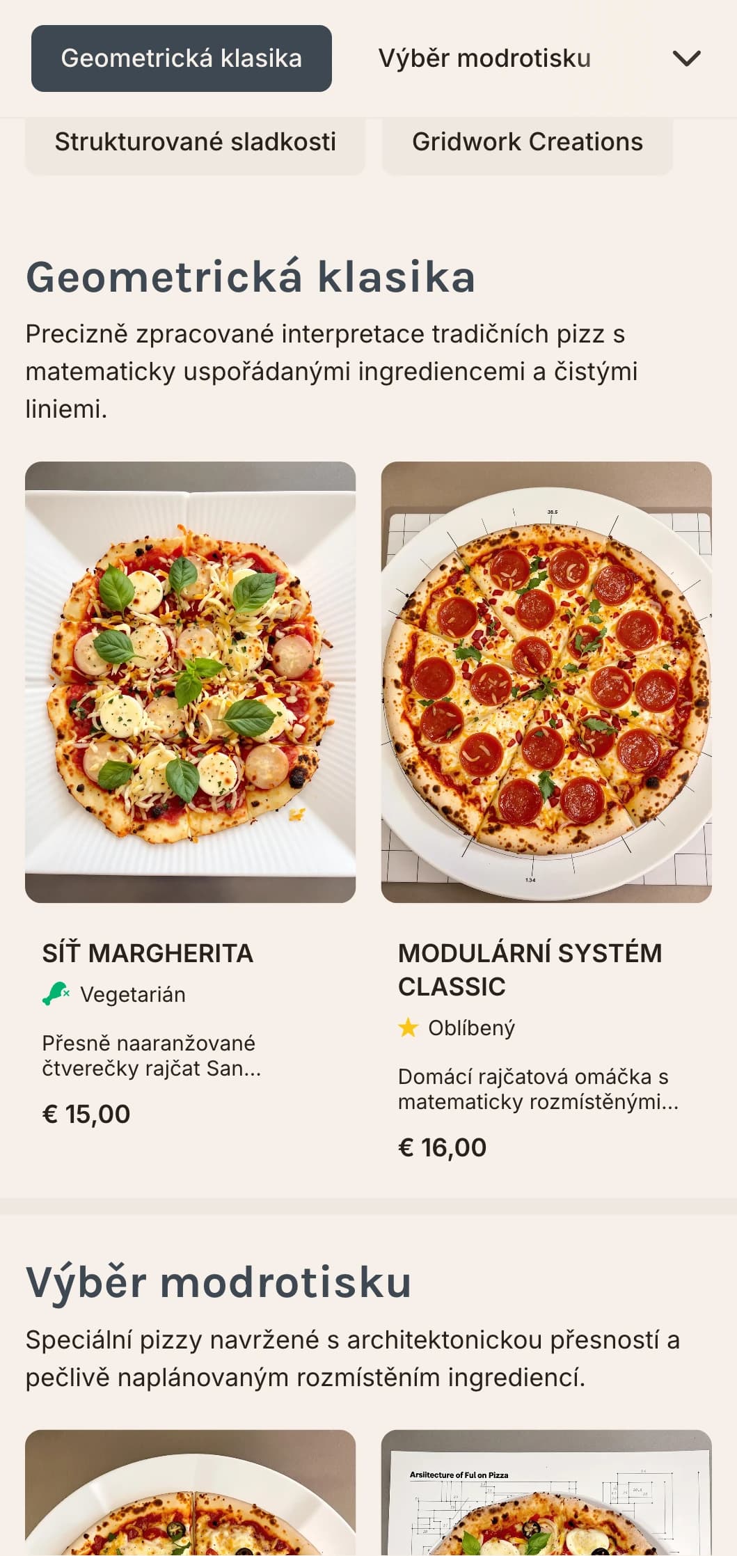 Geometrické moderní menu pizzy s mřížkovým rozložením a přesnými designovými prvky.