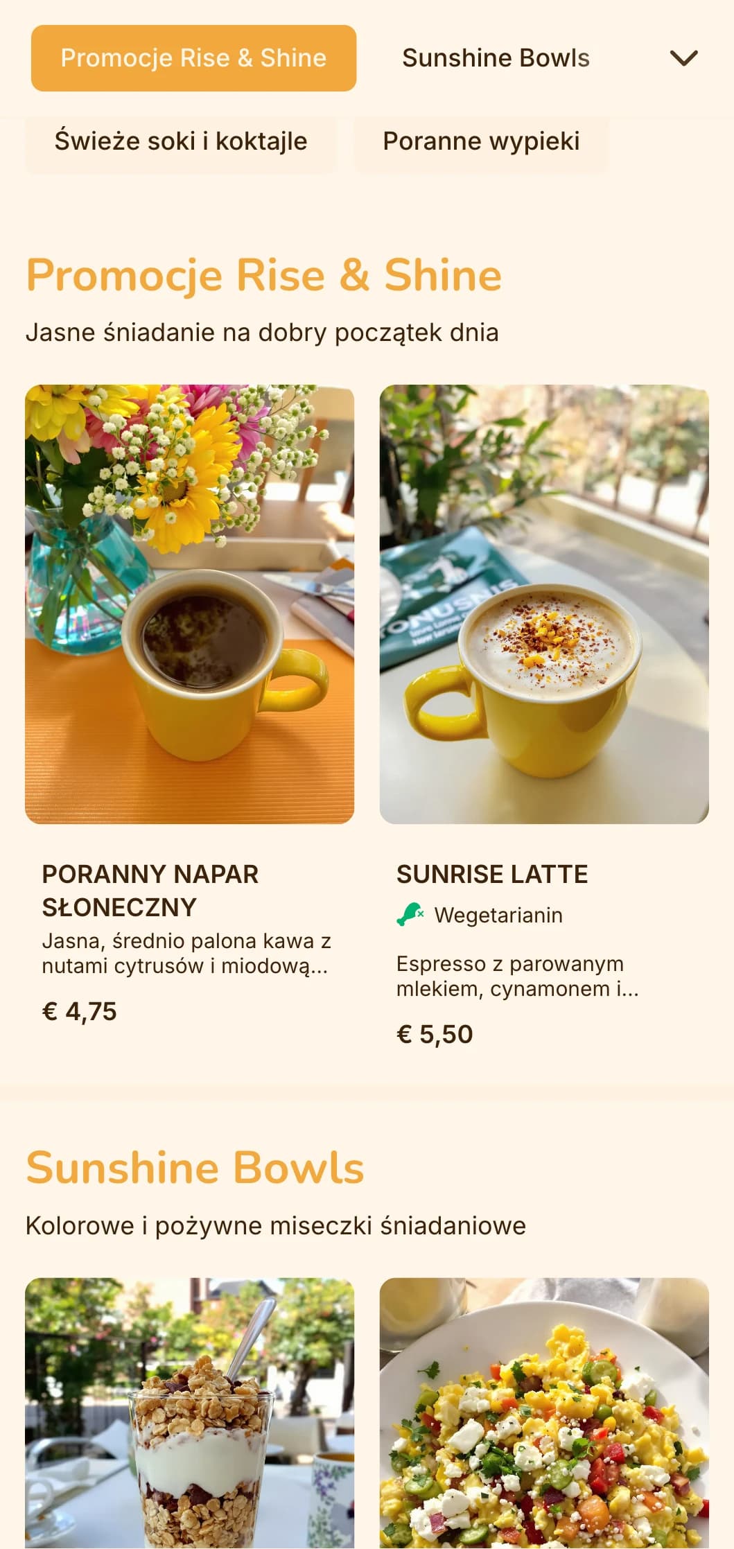 Wesoły żółto-pomarańczowy design ze słonecznymi elementami dla restauracji śniadaniowych i miejsc brunchowych.