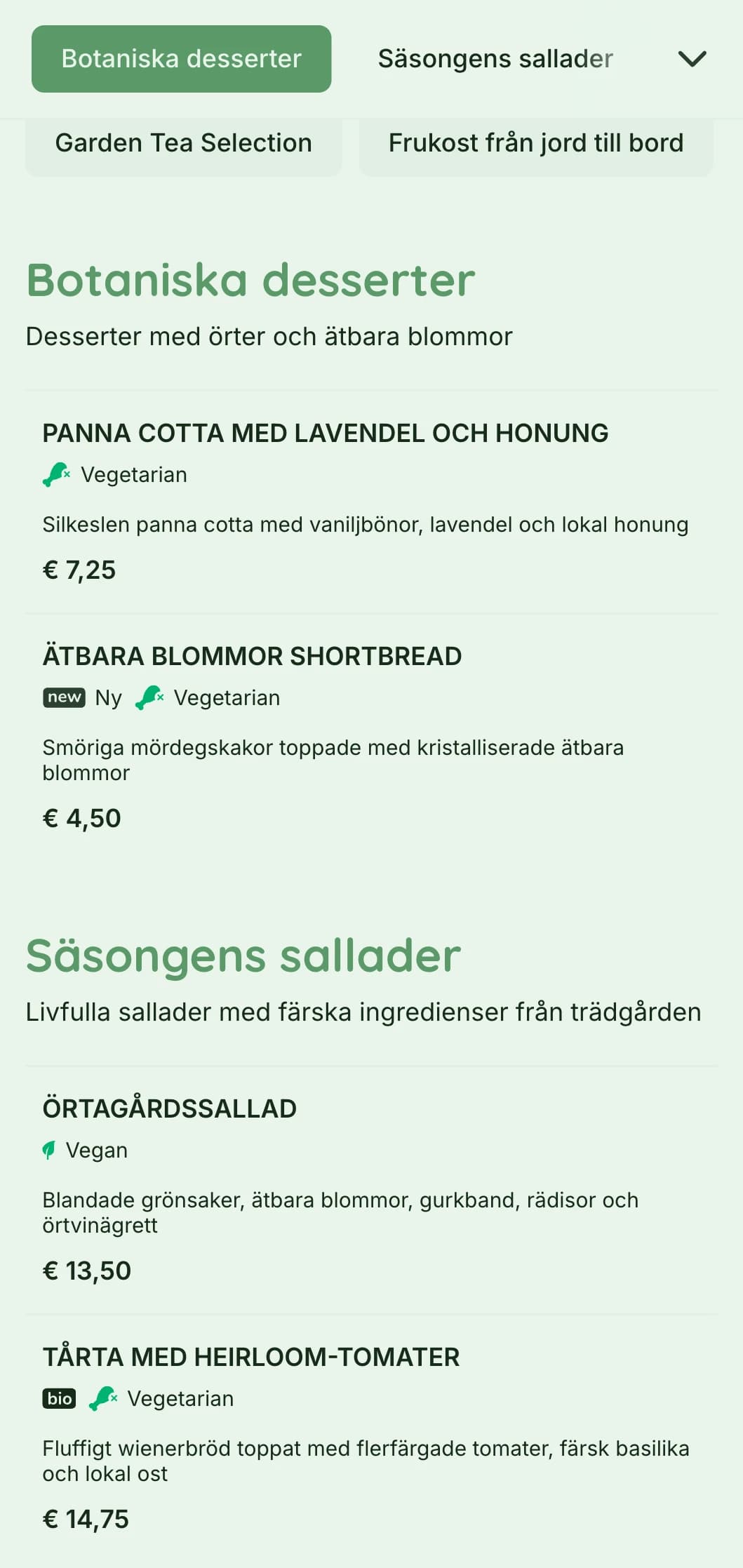 Levande grön design med botaniska element för trädgårdscaféer och ekologiska matställen.