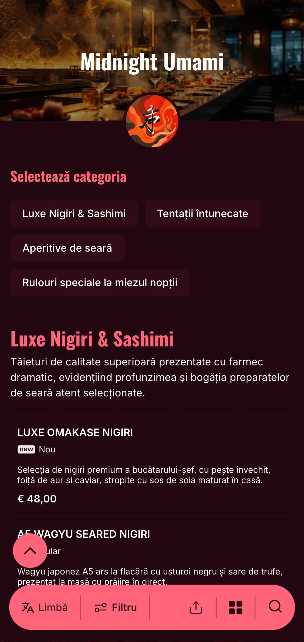 Experiență luxoasă de sushi târziu în noapte, cu contraste îndrăznețe, cu burgundy bogat și accente luminoase pe un fundal adânc.