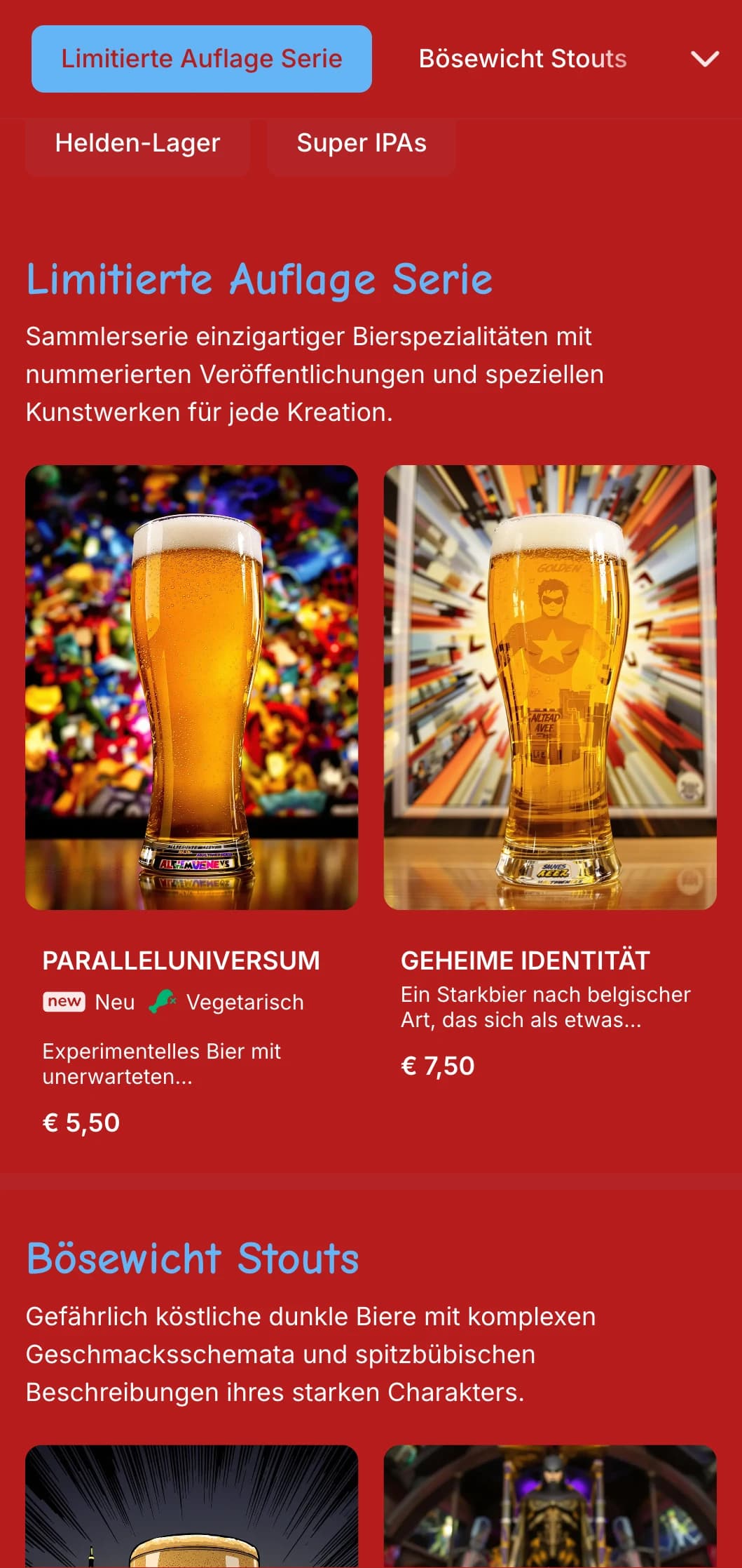 Lebendiges und verspieltes Design, inspiriert von Comics, mit kräftigen Farben und grafischen Elementen für thematische Bierlokale.