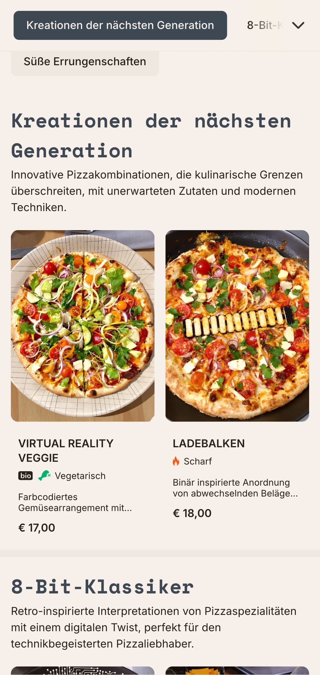 Tech-inspirierte moderne Pizzakarte mit digitaler Ästhetik für innovative Pizzakonzepte.