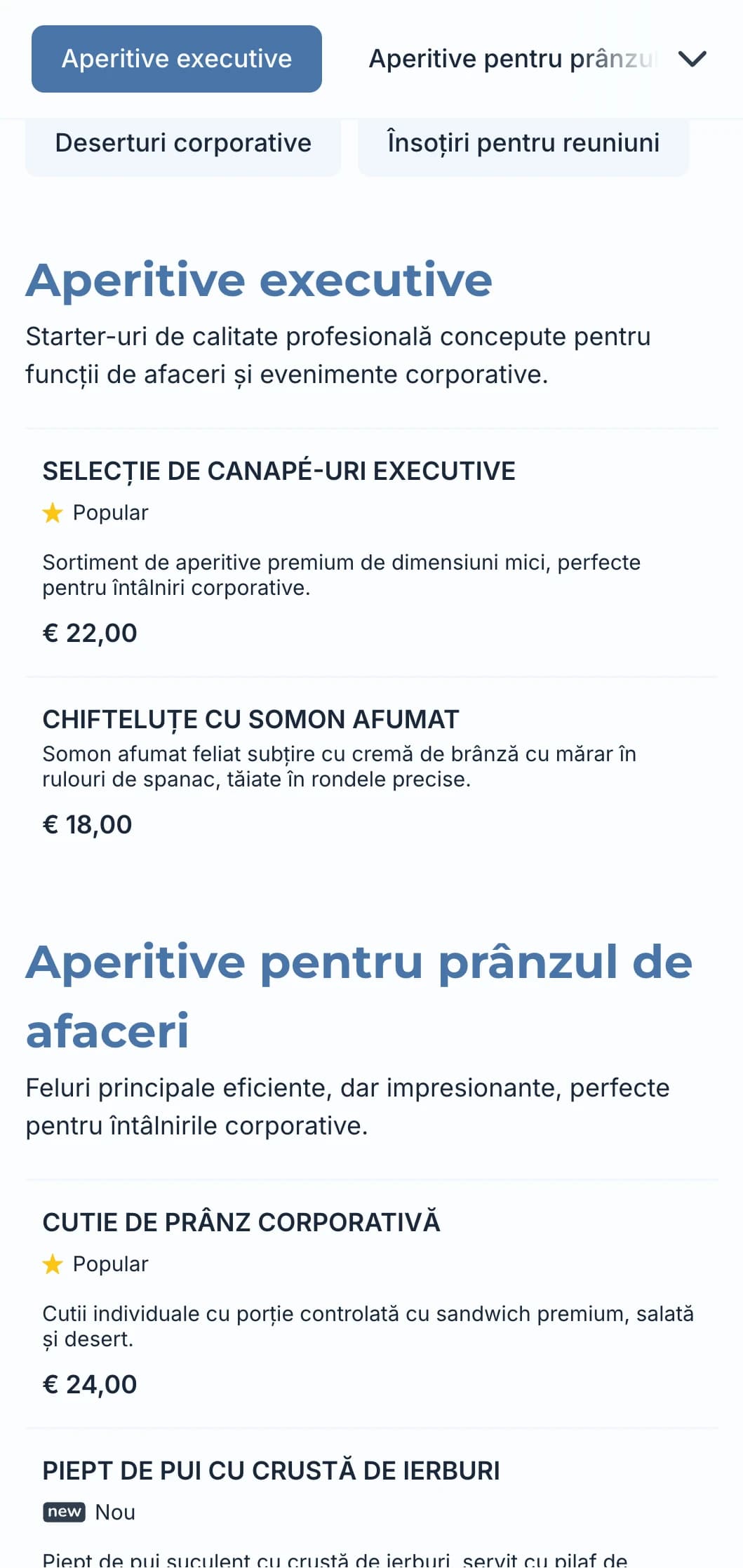 Serviciu profesional de catering conceput pentru întâlniri de afaceri și evenimente corporative, axat pe servicii eficiente și prezentare de calitate.