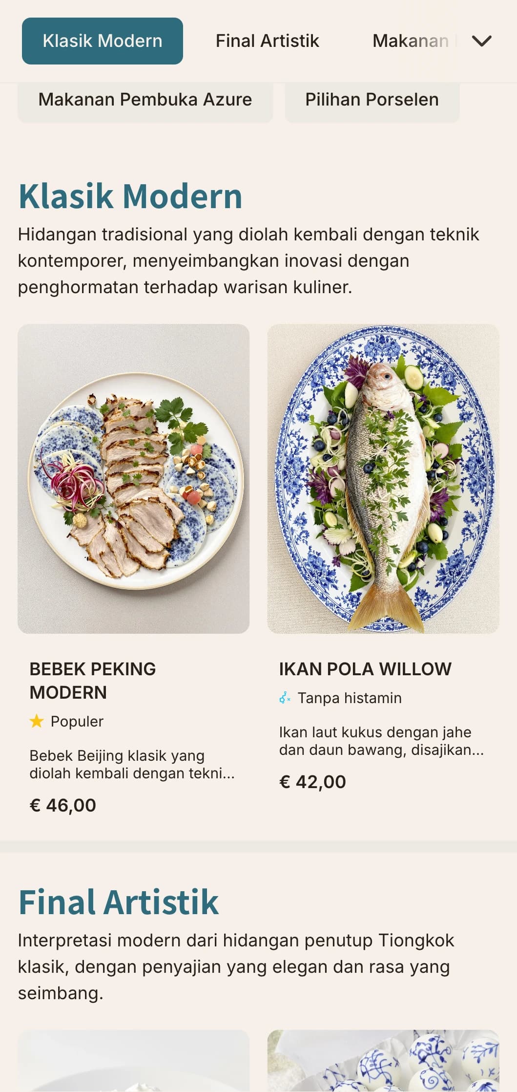 Desain menu Cina kontemporer yang terinspirasi dari porselen biru dan putih, dengan garis-garis yang bersih dan interpretasi modern dari pola tradisional.