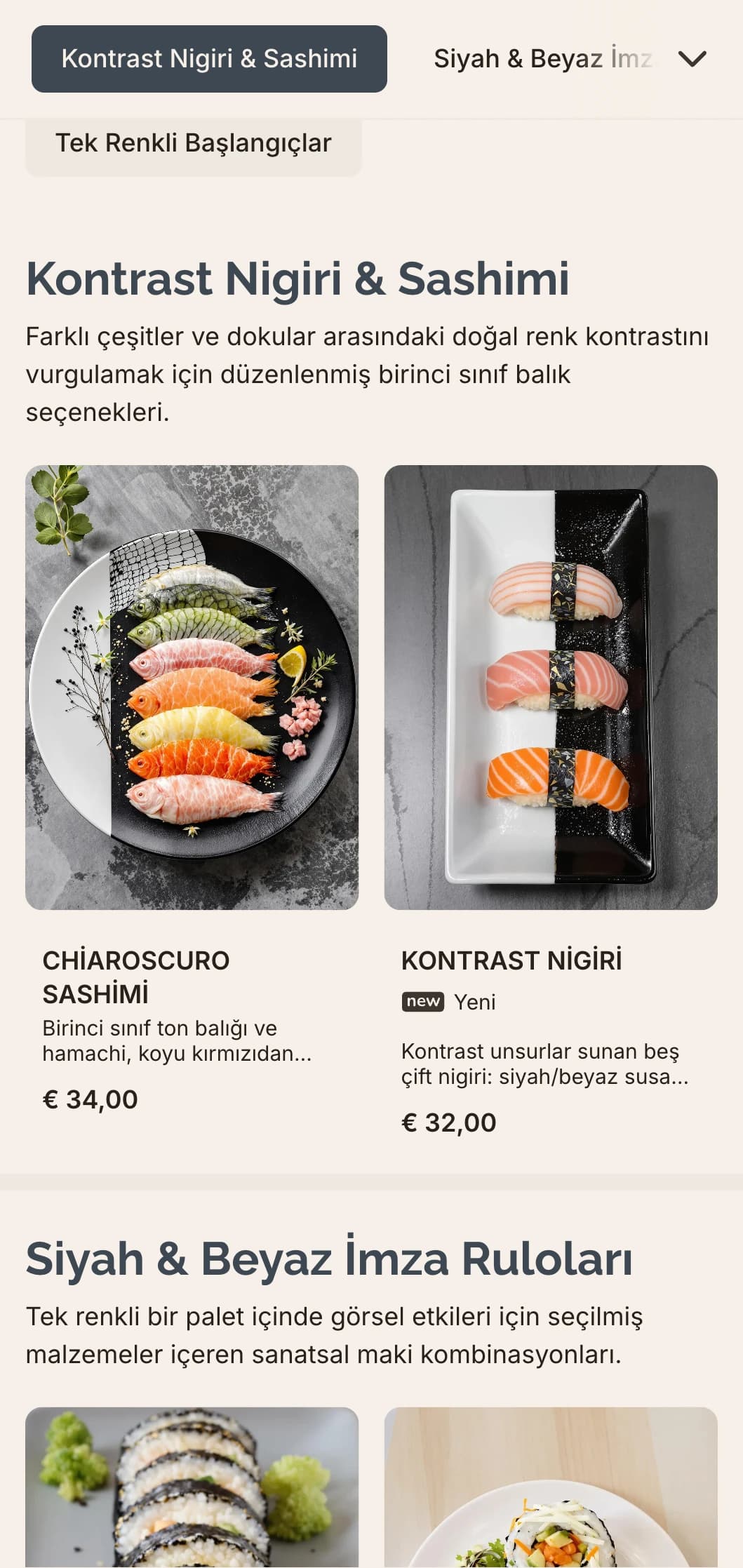 Çağdaş minimalist restoranlar için mükemmel, ince gri vurgulara sahip sofistike siyah beyaz suşi menüsü.