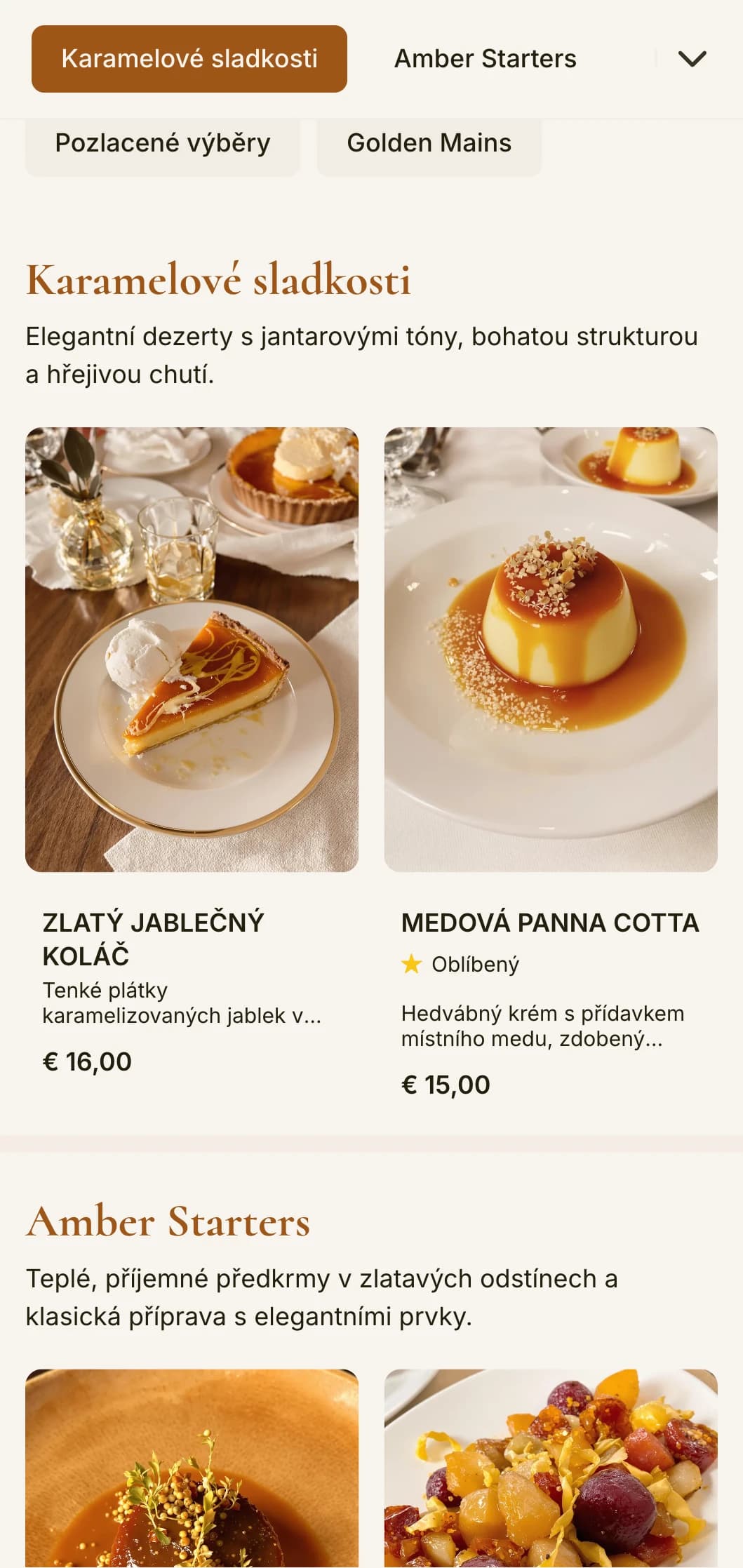 Teplé, jantarově laděné menu s klasickými designovými prvky, ideální pro podniky s atmosférou zlaté hodiny.
