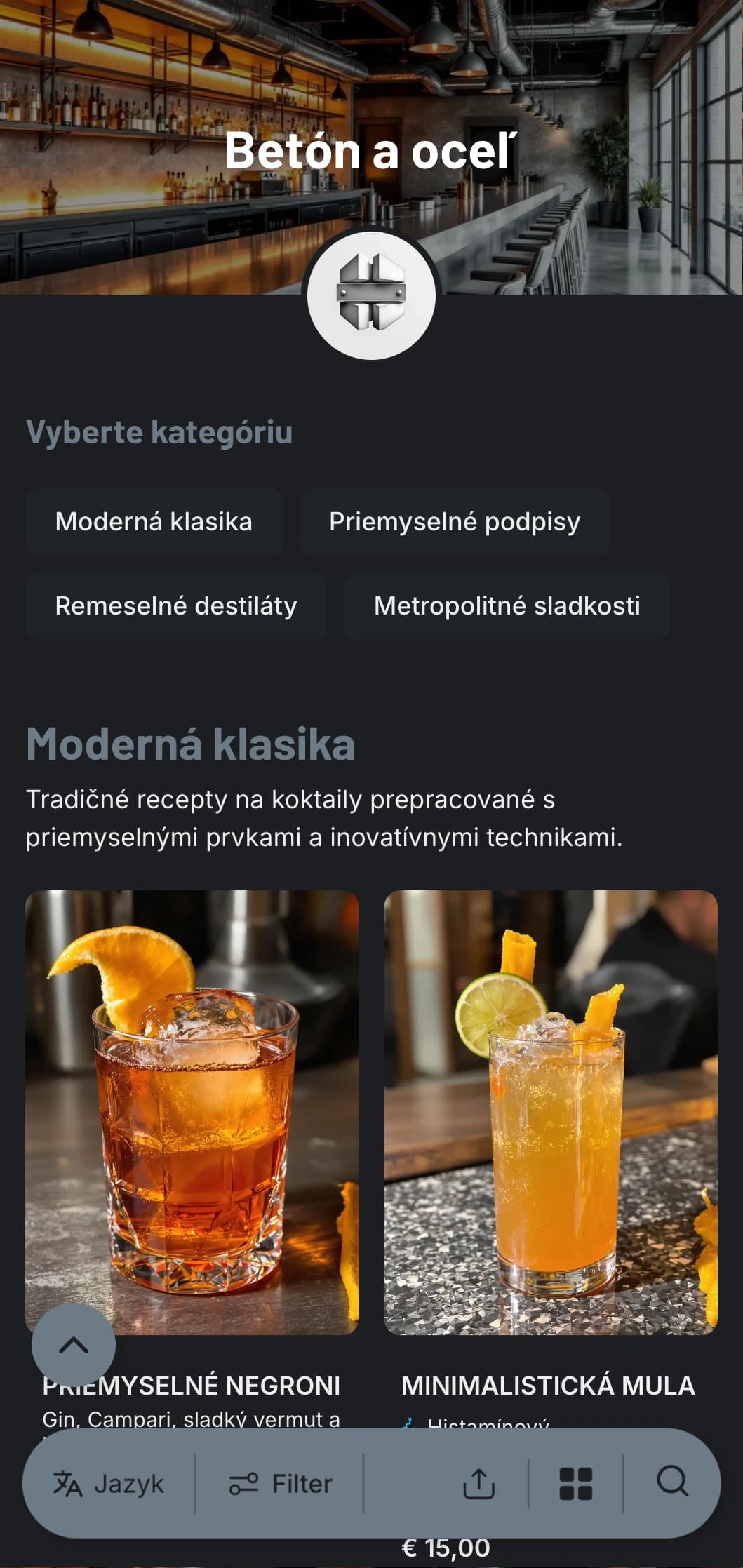 Industriálny, mestský dizajn pre súčasné bary s betónovými textúrami a oceľovými prvkami s čistou typografiou.
