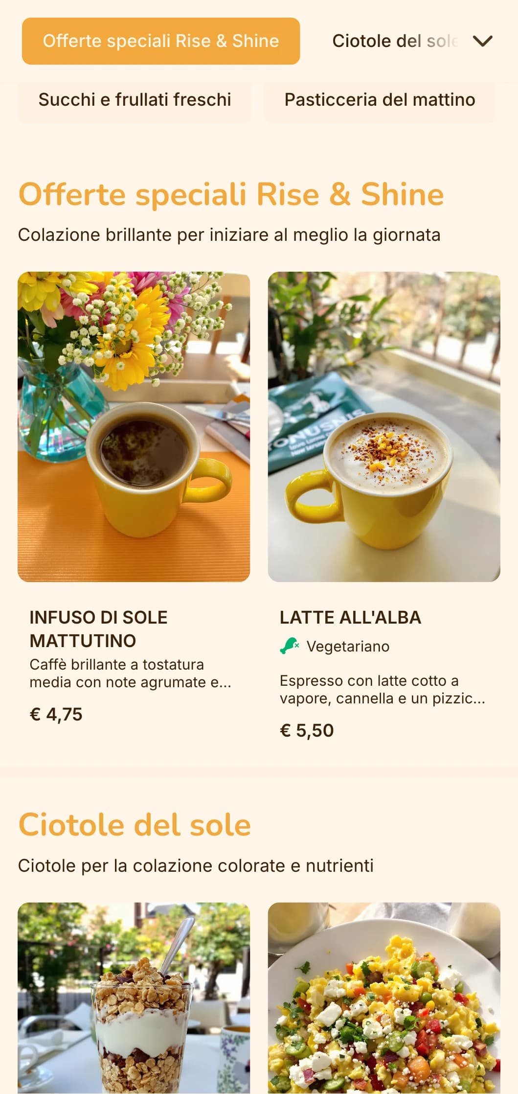 Design allegro in giallo e arancione con elementi solari per tavole calde e brunch.