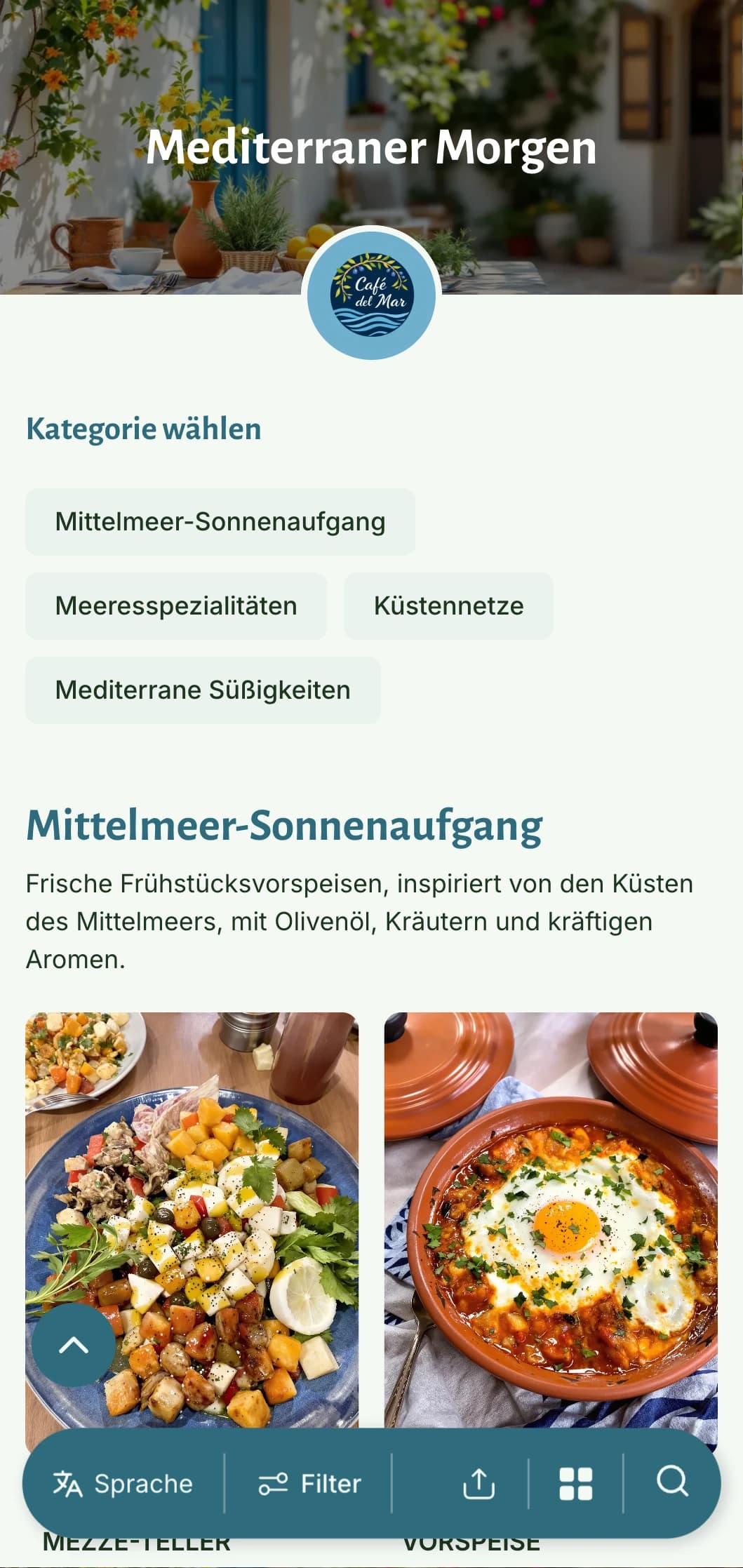 Helle, luftige Brunch-Vorlage mit mediterranen Einflüssen, perfekt für Cafés, die gesunde Frühstücksgerichte mit Olivenöl anbieten.