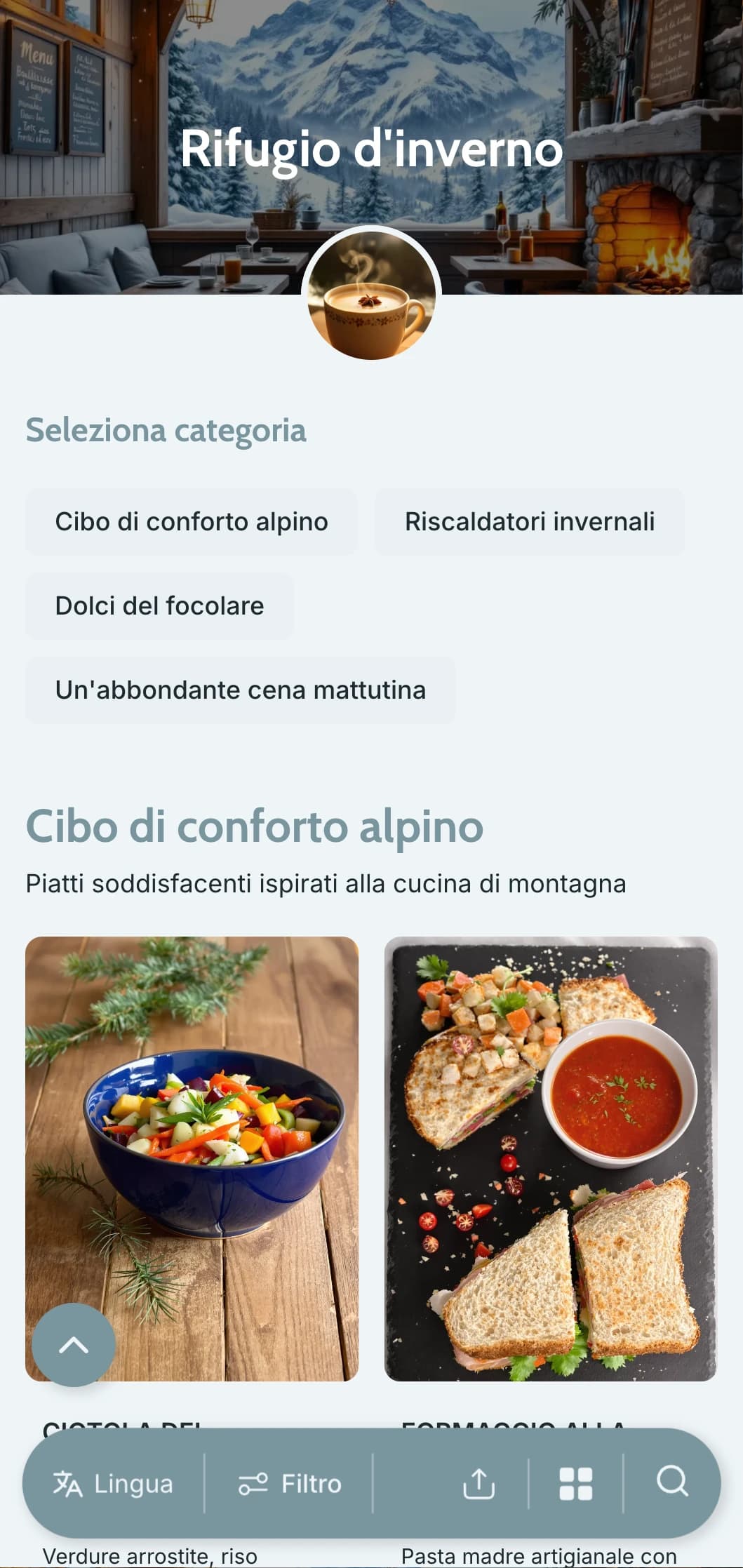 Design fresco e grigio-blu con elementi invernali per menu stagionali e caffè di montagna.