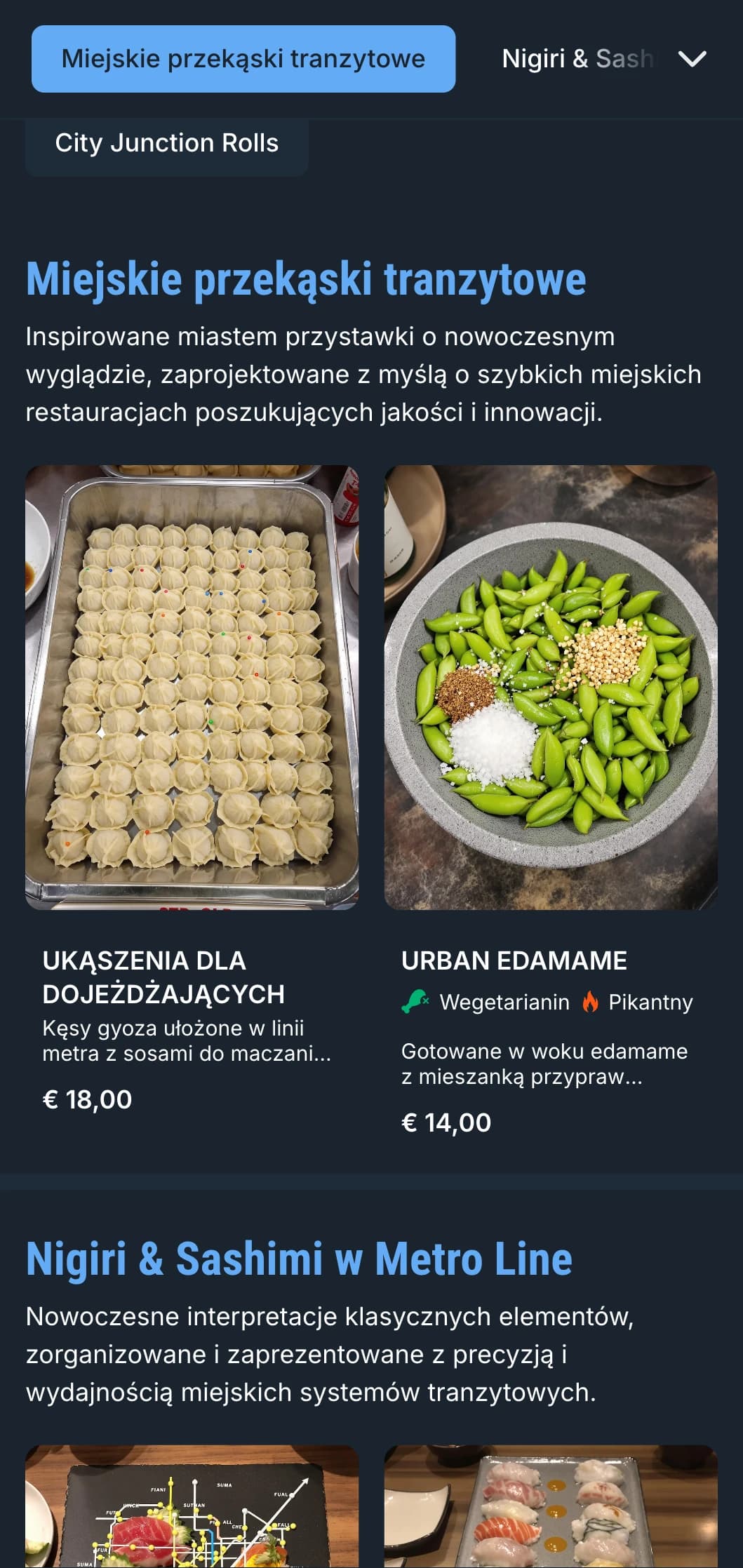 Miejskie, inspirowane metrem menu sushi z chłodnymi niebieskimi akcentami i współczesną typografią dla lokalizacji w centrum miasta.
