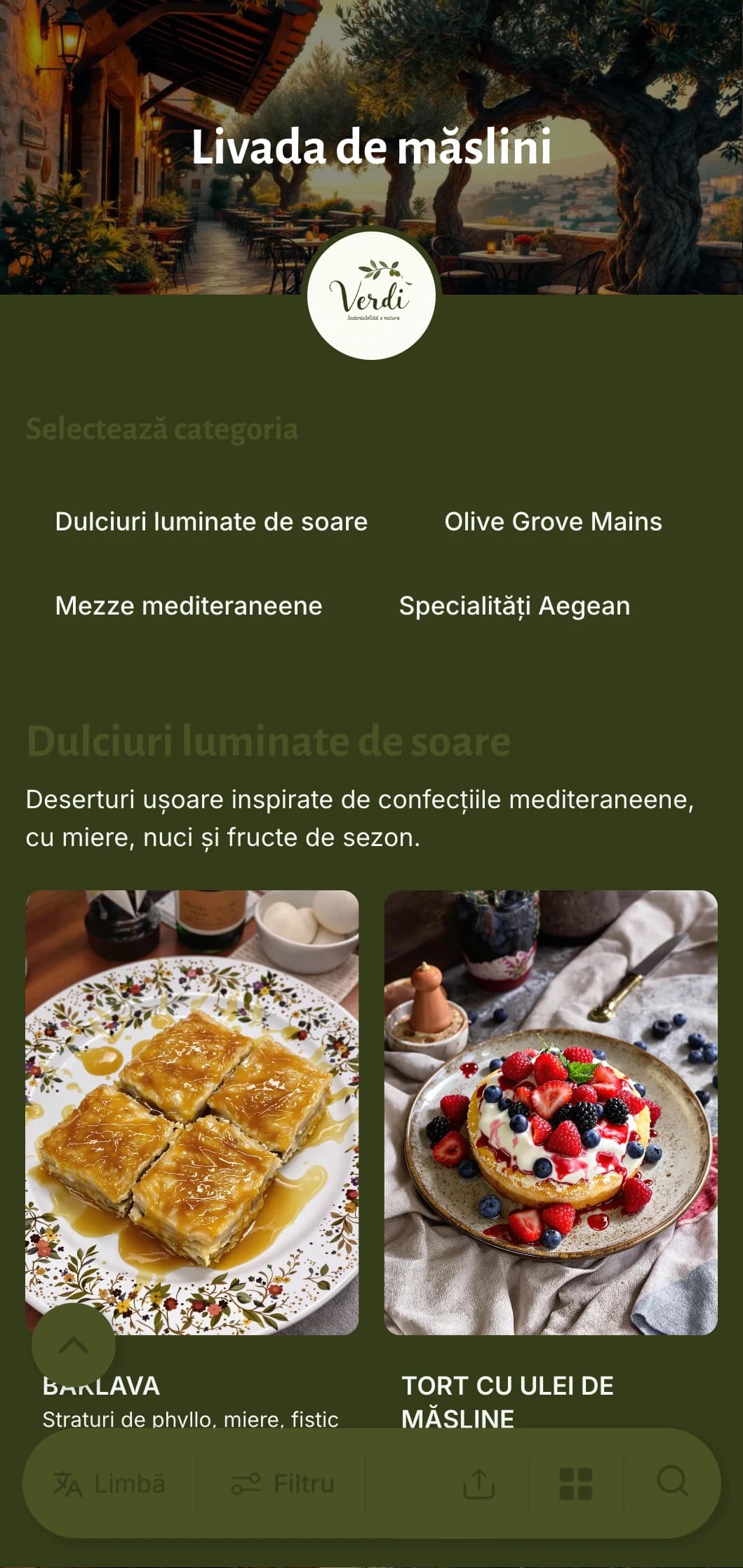 Un meniu de cină de inspirație mediteraneană cu tonuri de verde măslin și elemente rustice, perfect pentru bucătăria grecească sau mediteraneană.