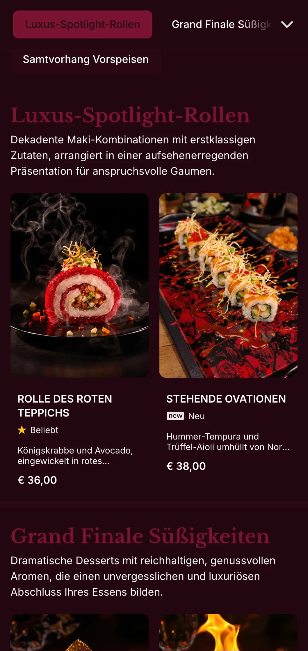 Luxuriöses Sushi-Erlebnis mit satten roten Samttönen und dramatischen Elementen für erstklassige Veranstaltungsorte.