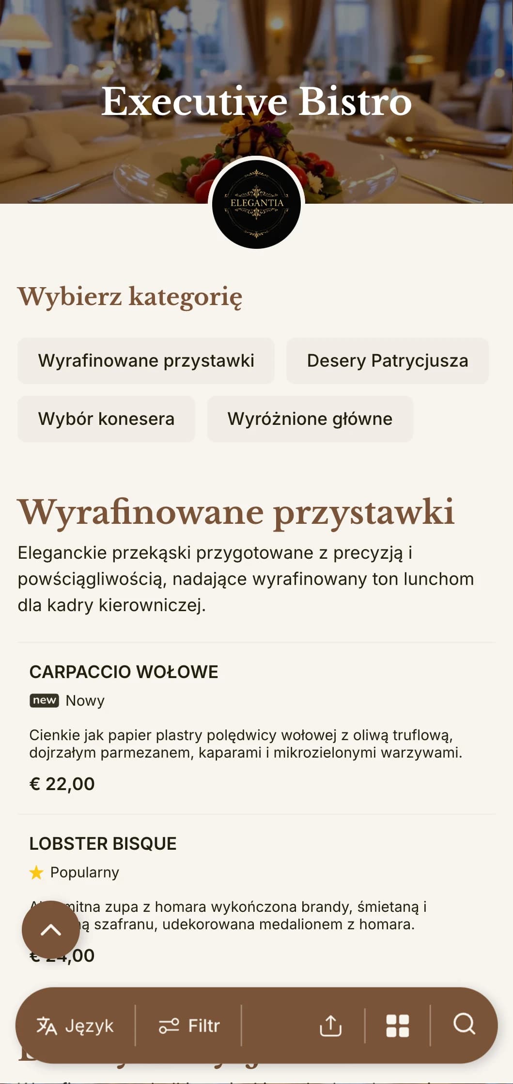 Wyrafinowany projekt menu lunchowego z wyrafinowaną typografią i eleganckimi odstępami, dostosowany do ekskluzywnych restauracji hotelowych i jadalni dla profesjonalistów.