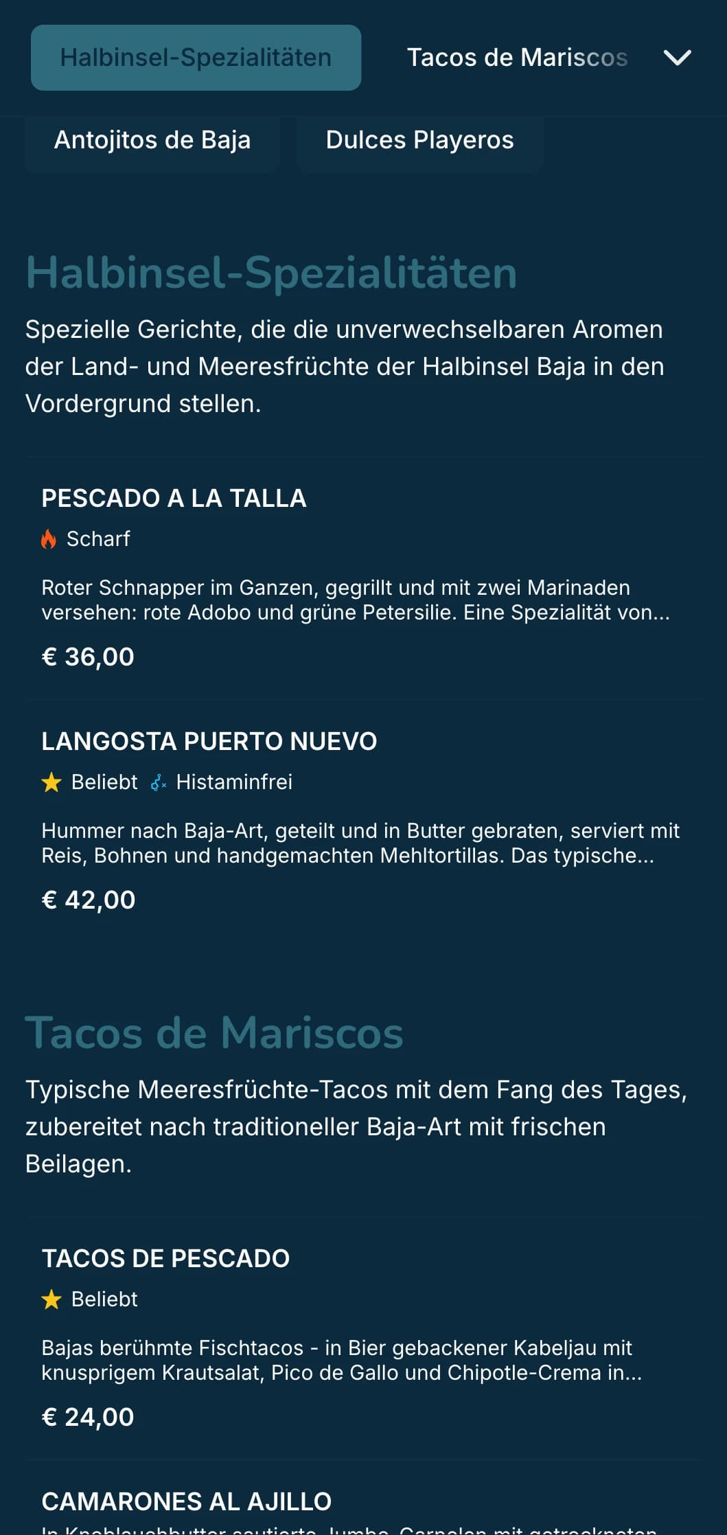 Leichtes und erfrischendes, von der Baja inspiriertes Menü mit Meeresfrüchte-Tacos, frischen Zutaten und küstenblauen Akzenten in moderner Strandatmosphäre.