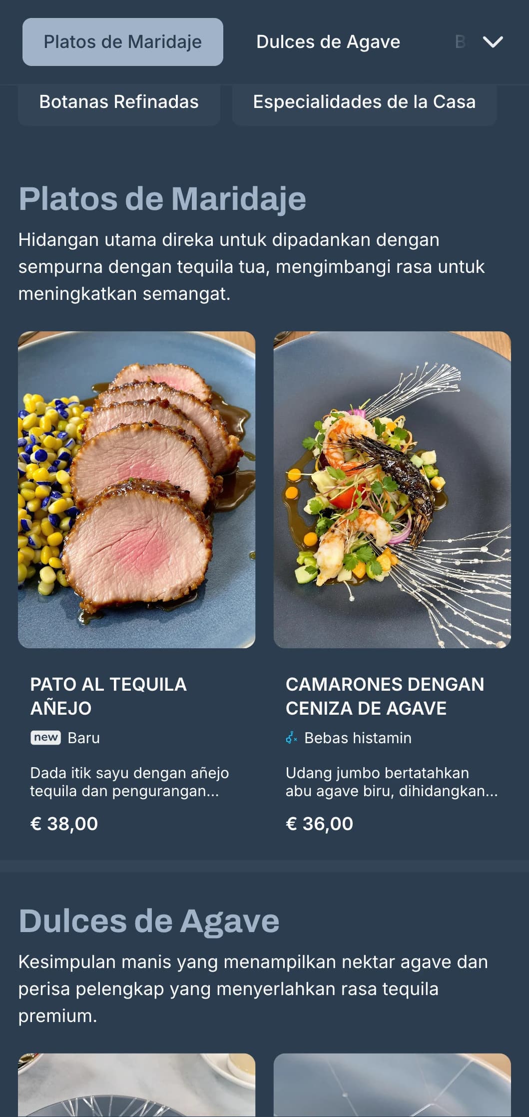 Menu bar tequila yang elegan dan halus menampilkan rona perak dan biru-kelabu, minuman beralkohol premium dan pinggan kecil Mexico yang canggih.