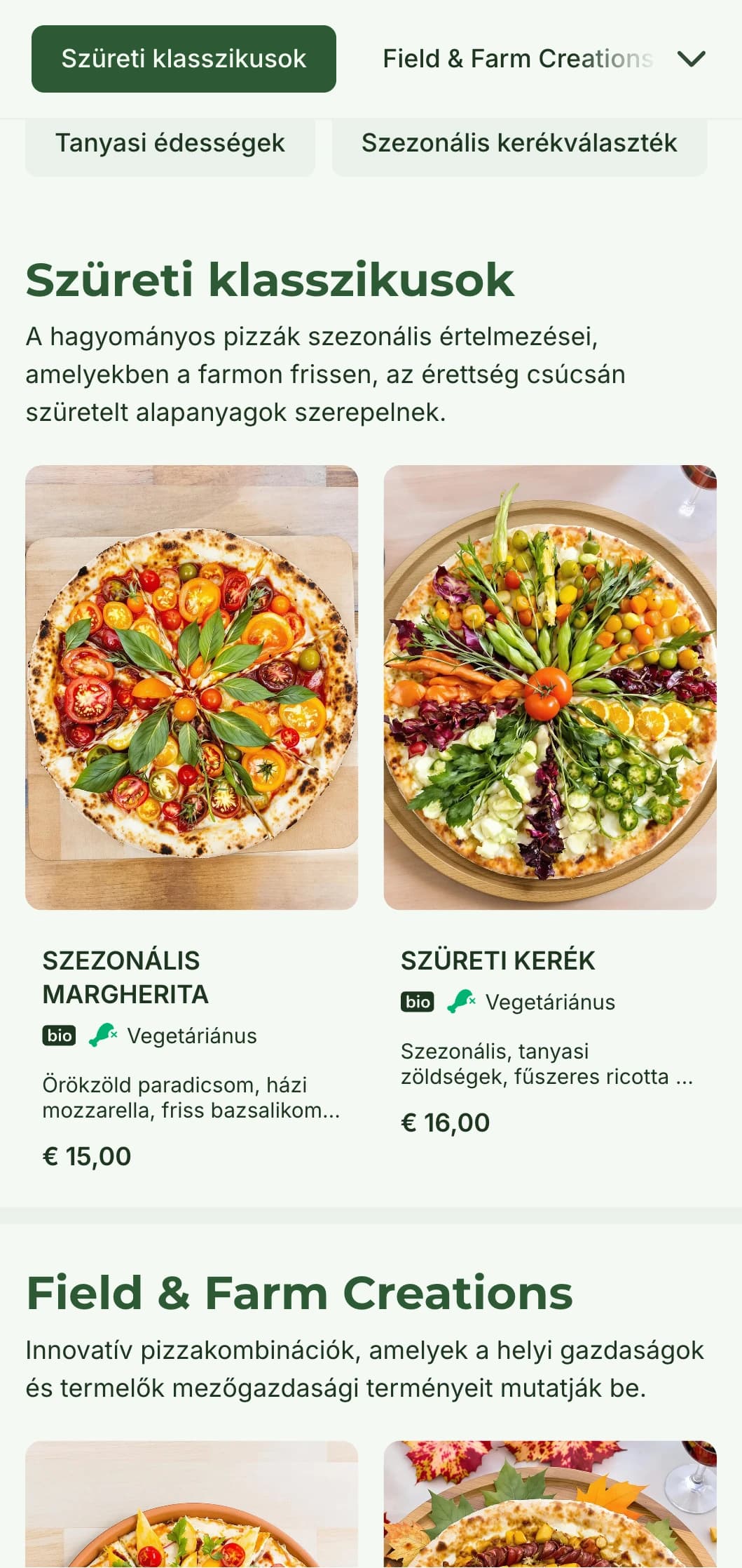 Farm-to-table pizzamenü, amely a szezonális alapanyagokat és a rusztikus elkészítést ünnepli.