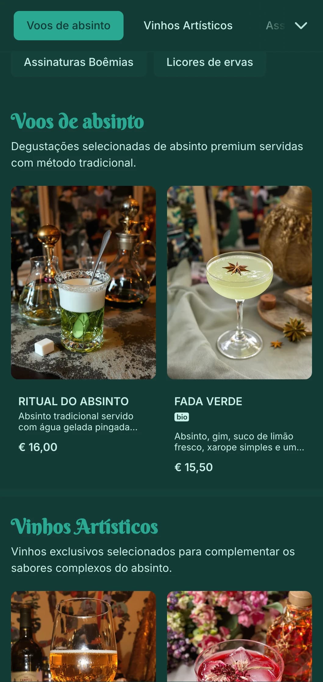 Design verde-esmeralda com elementos art nouveau para salas de absinto e bebidas alcoólicas.