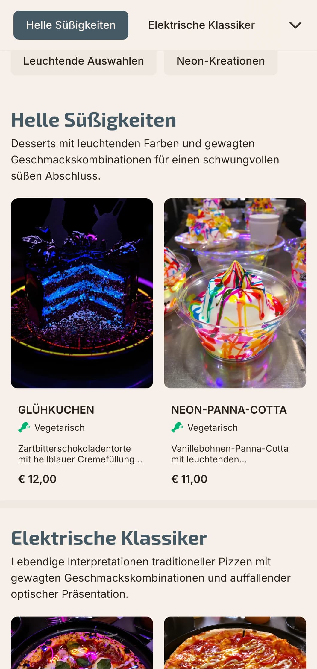 Zeitgenössische Pizzakarte mit neonfarbenen Akzenten und moderner urbaner Ästhetik.
