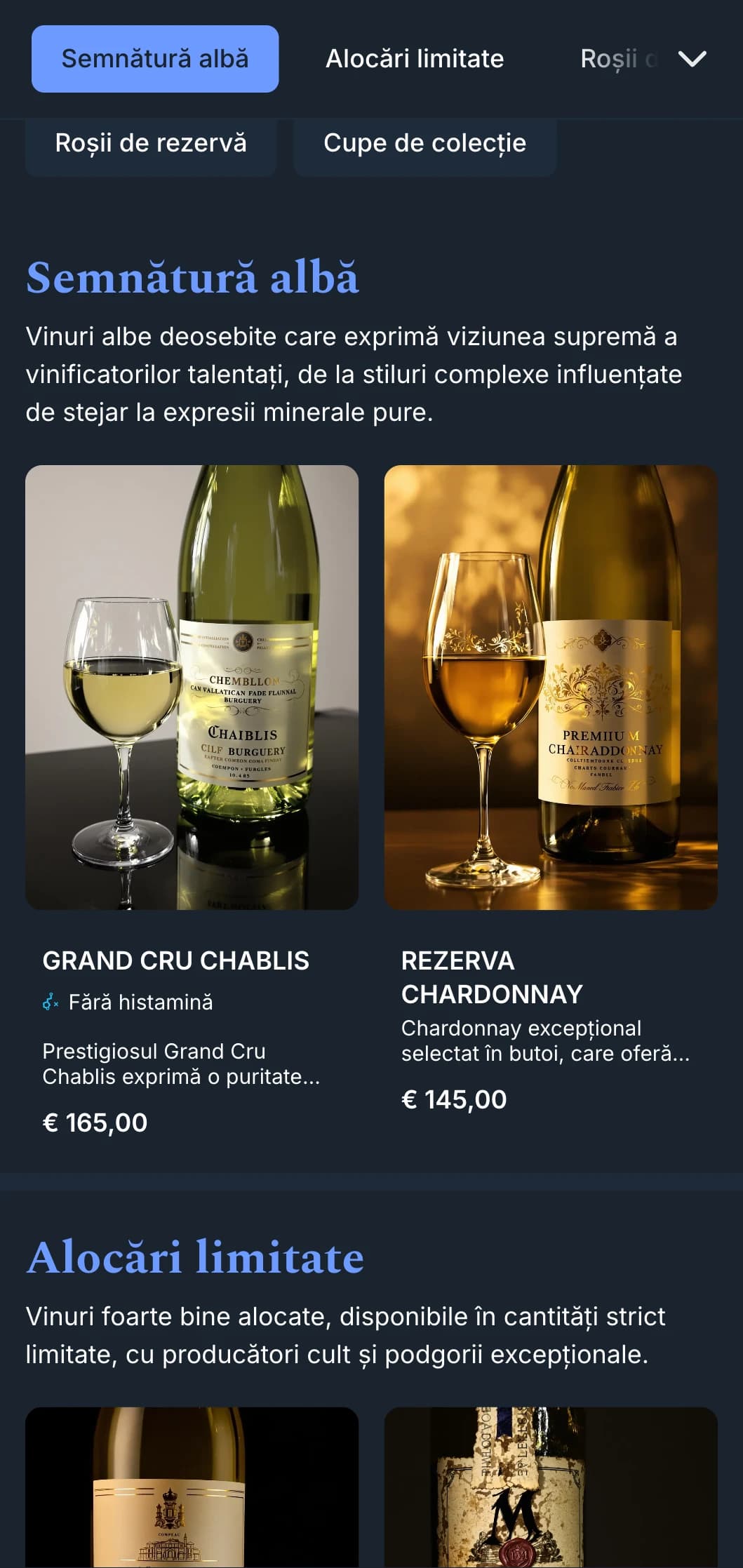 Șablon cu listă de vinuri profund sofisticată, cu accente albastre izbitoare pe fundaluri marine, ideal pentru baruri de vinuri premium și localuri de seară.