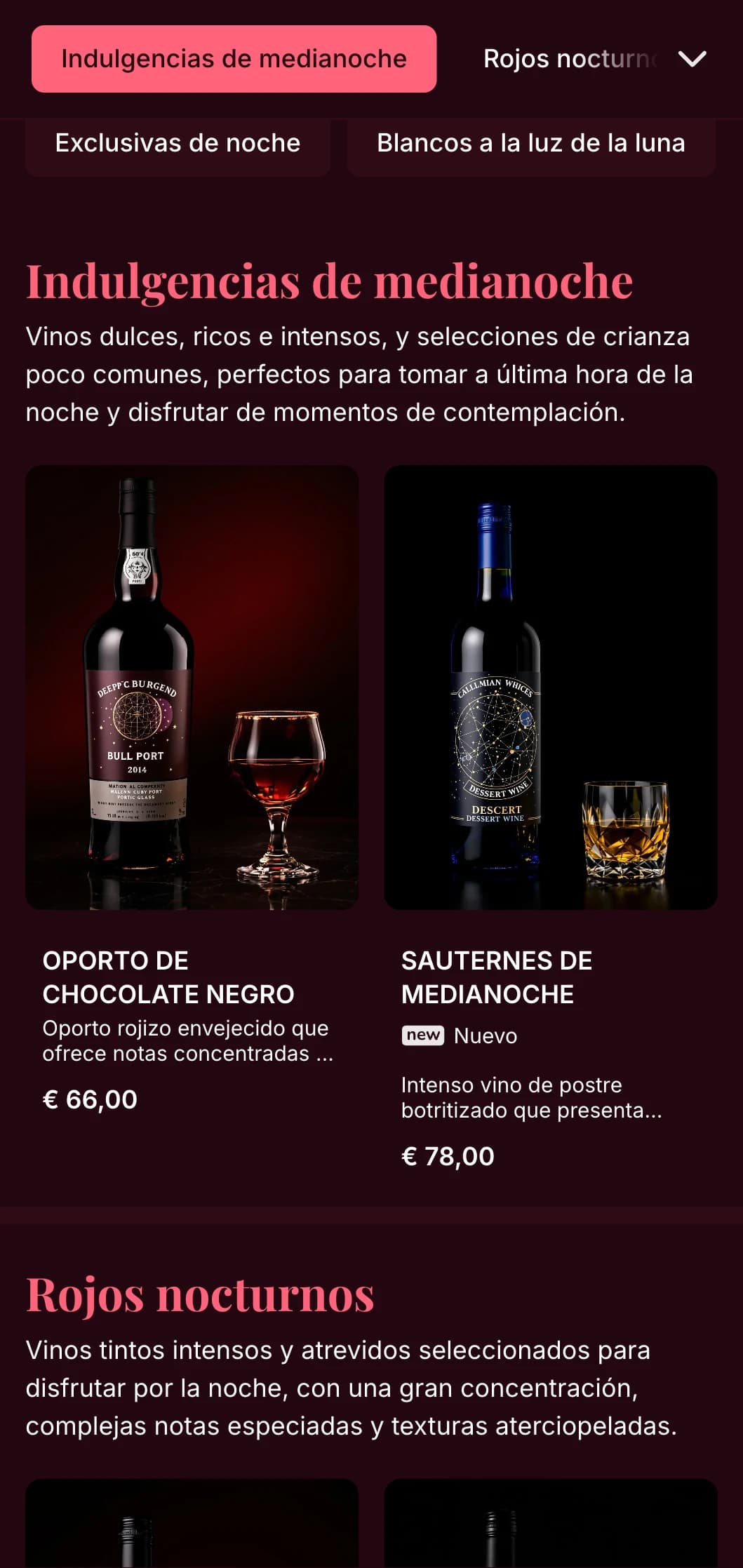 Plantilla de carta de vinos intensamente dramática con llamativos acentos rosas sobre fondos burdeos profundos, ideal para exclusivos salones de vinos y locales nocturnos.