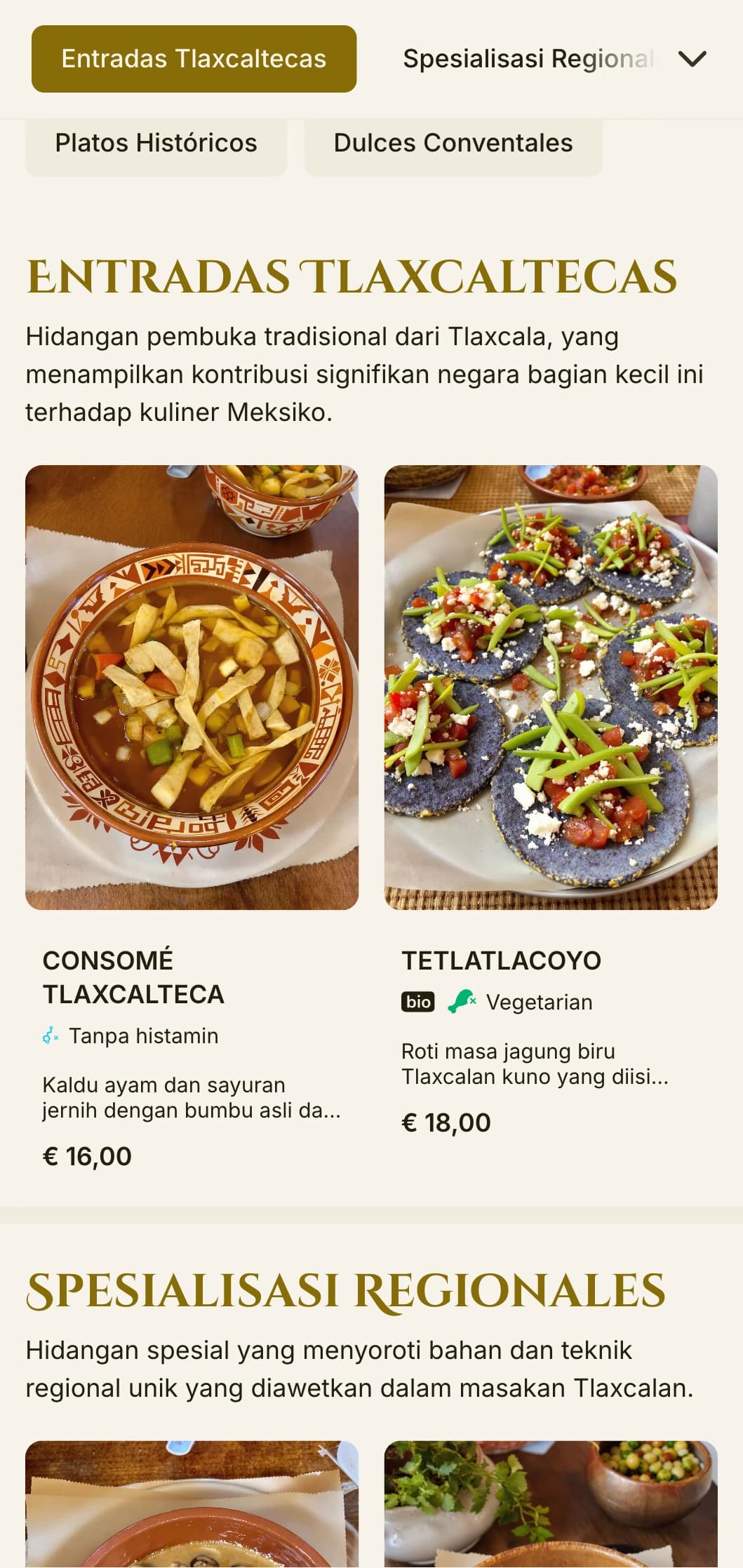 Menu elegan dan bersejarah yang merayakan tradisi kuliner Tlaxcala yang menampilkan aksen emas, pengaruh pra-Hispanik, dan hidangan khas daerah.