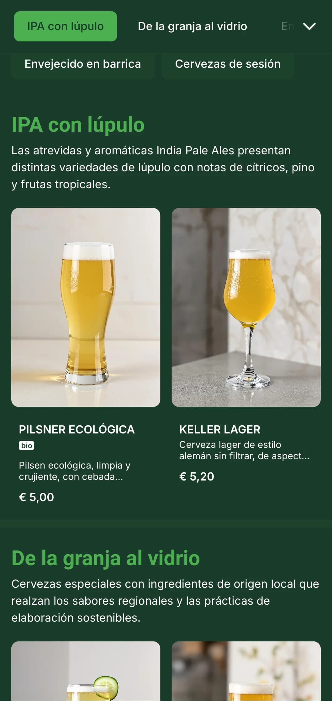 Diseño moderno y limpio para cervecerías y cervecerías al aire libre contemporáneas, con acentos botánicos y una paleta de colores frescos que destacan los ingredientes de la cerveza.