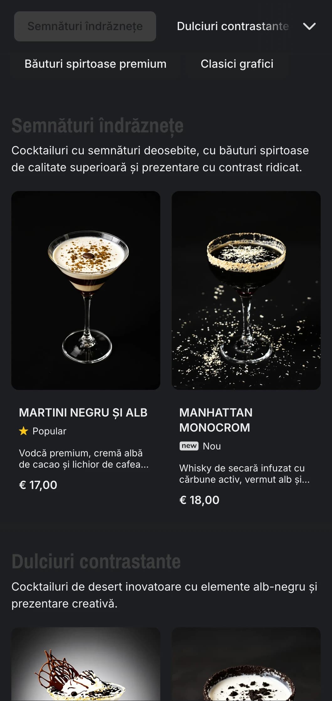 Un design elegant, alb-negru, pentru cocktail baruri contemporane, cu contrast puternic și tipografie minimalistă.