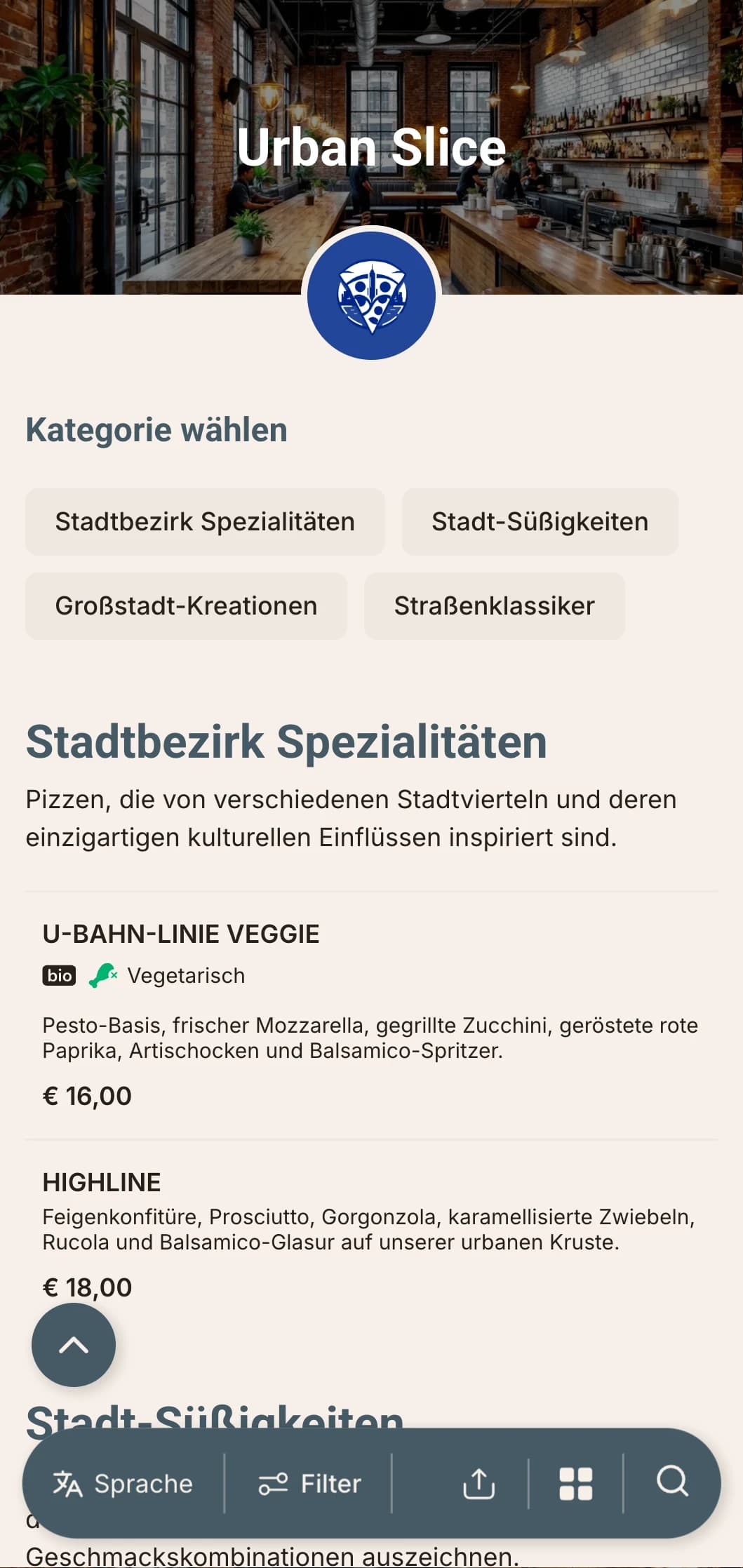 Urbanes, modernes Pizzamenü mit industriellen Designelementen, perfekt für Pizzerien im Stadtzentrum.