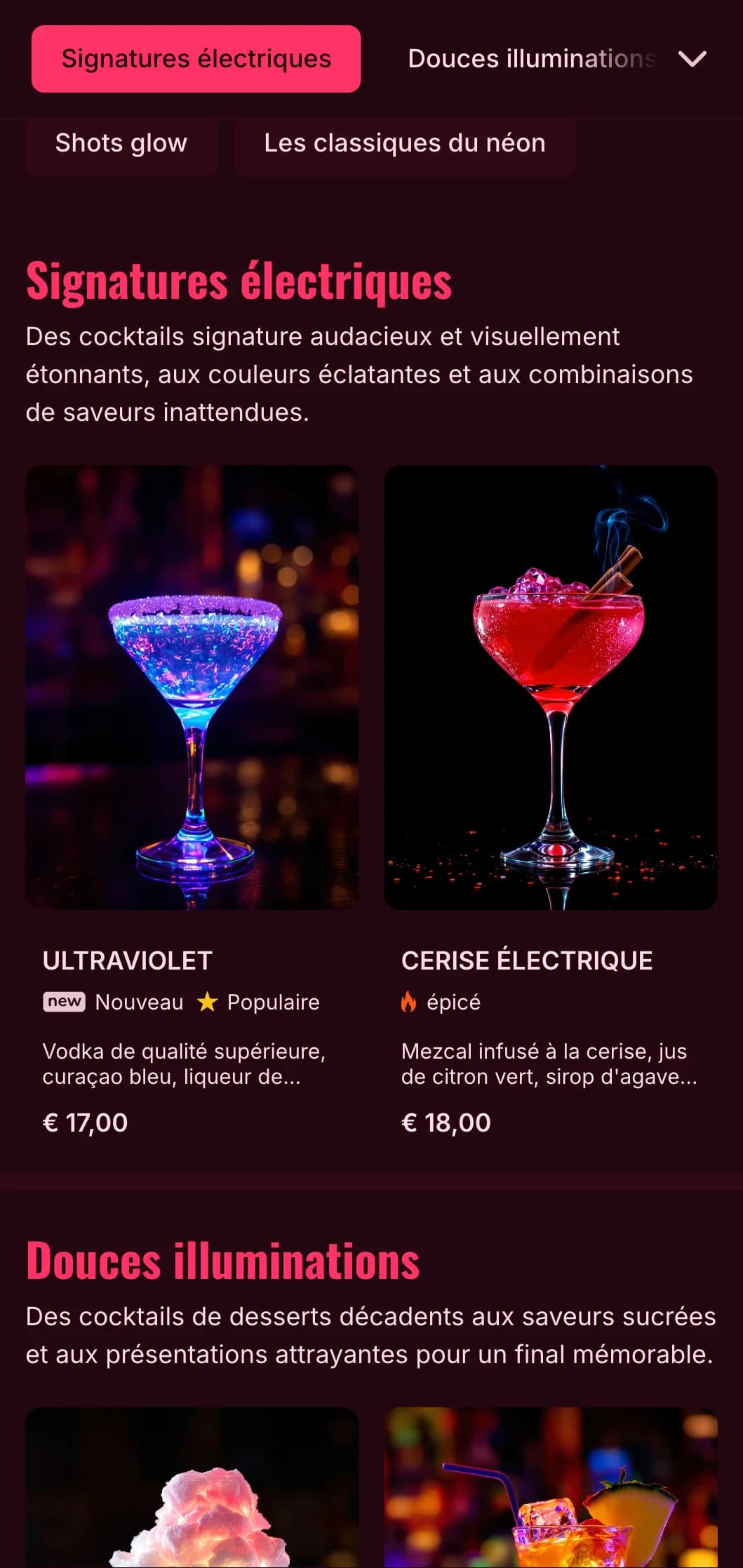 Un menu audacieux et vibrant inspiré par les néons de la vie nocturne, parfait pour les bars à cocktails et les boîtes de nuit contemporains.