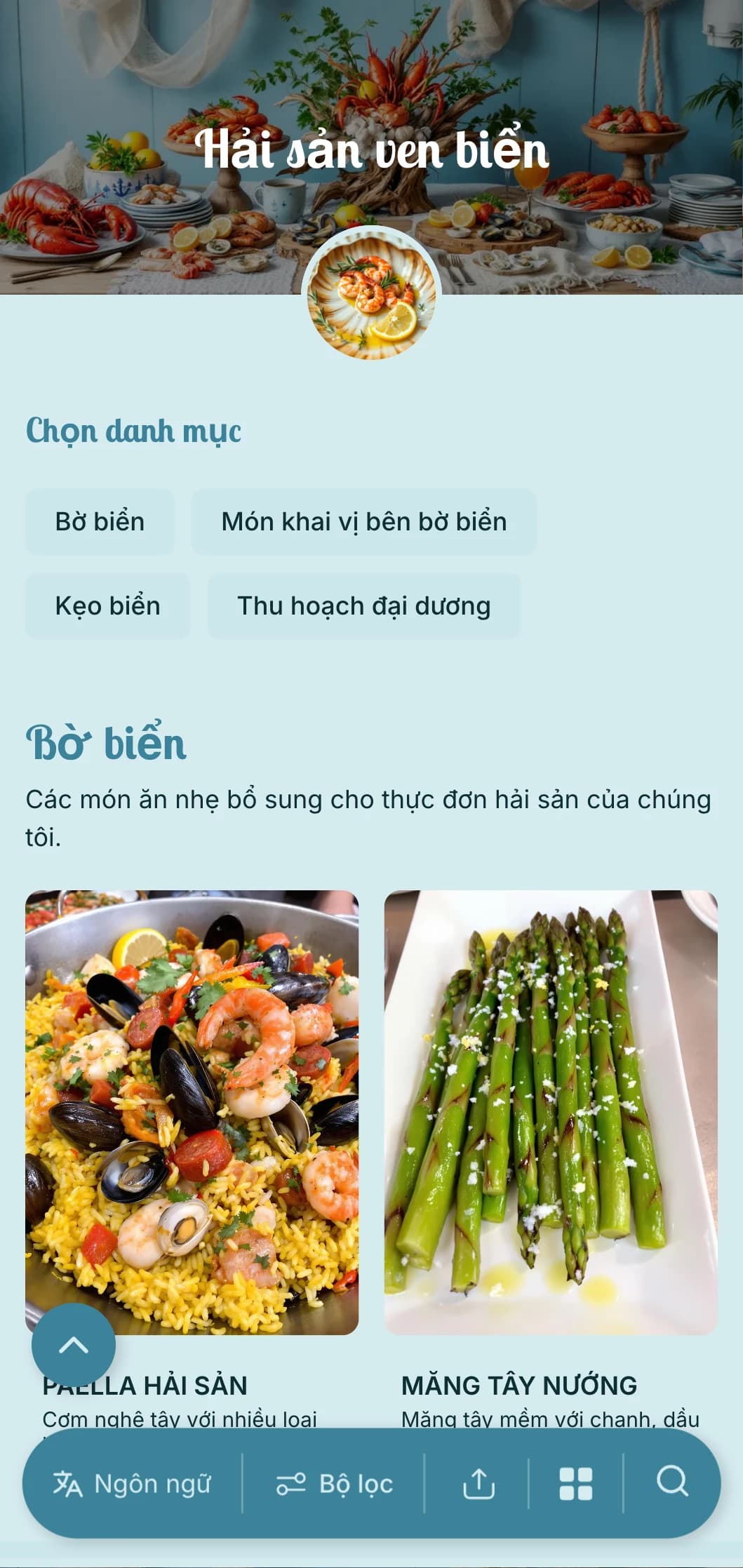 Dịch vụ phục vụ hải sản tươi sống với các món ăn đánh bắt từ đại dương, các yếu tố hàng hải và trình bày theo phong cách ven biển dành cho các sự kiện trên bãi biển và những người yêu thích hải sản.