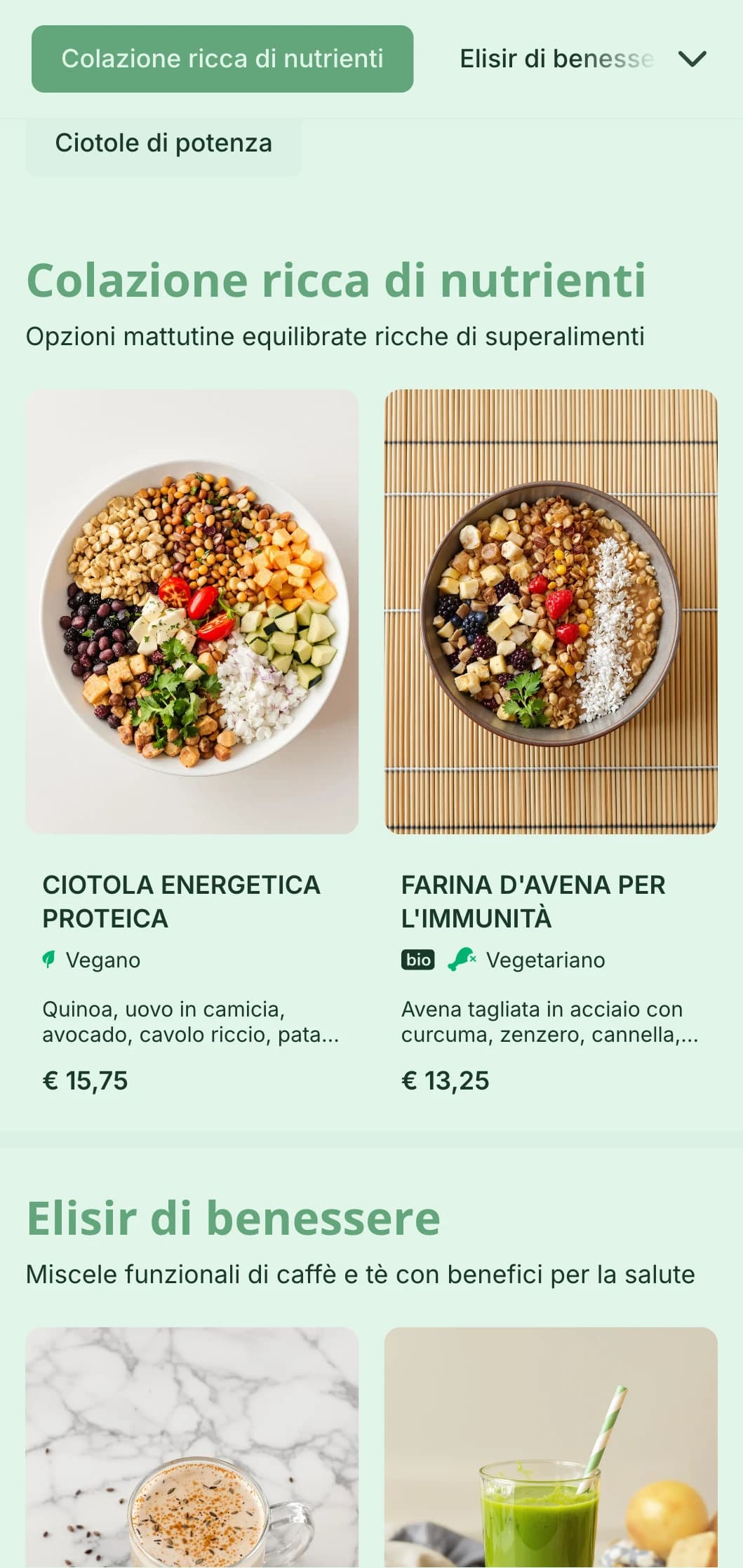 Un design fresco e verde che enfatizza le opzioni salutari per i caffè e i bar di succhi di frutta incentrati sul benessere.