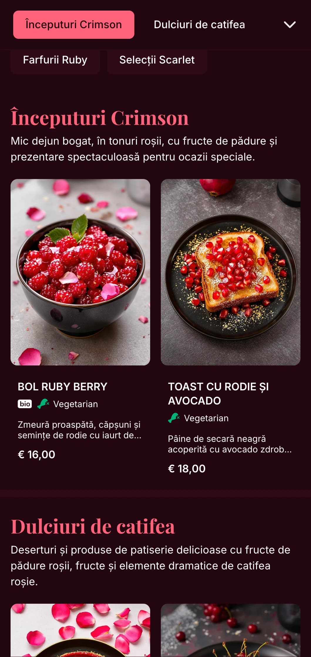 Șablon de brunch bogat, în tonuri de roșu, cu detalii luxoase, potrivit pentru brunch-uri romantice și ocazii speciale.