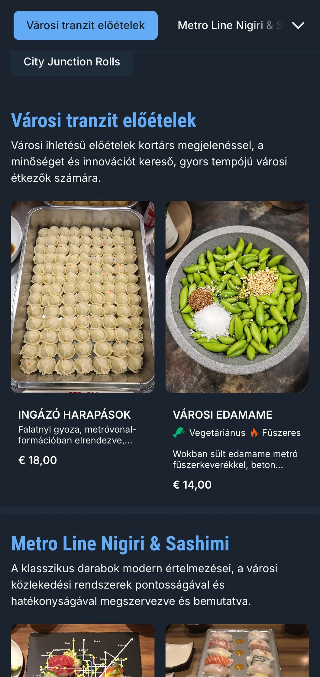 Városi, metró ihlette sushi menü hűvös kék hangsúlyokkal és kortárs tipográfiával a belvárosi helyszínekre.