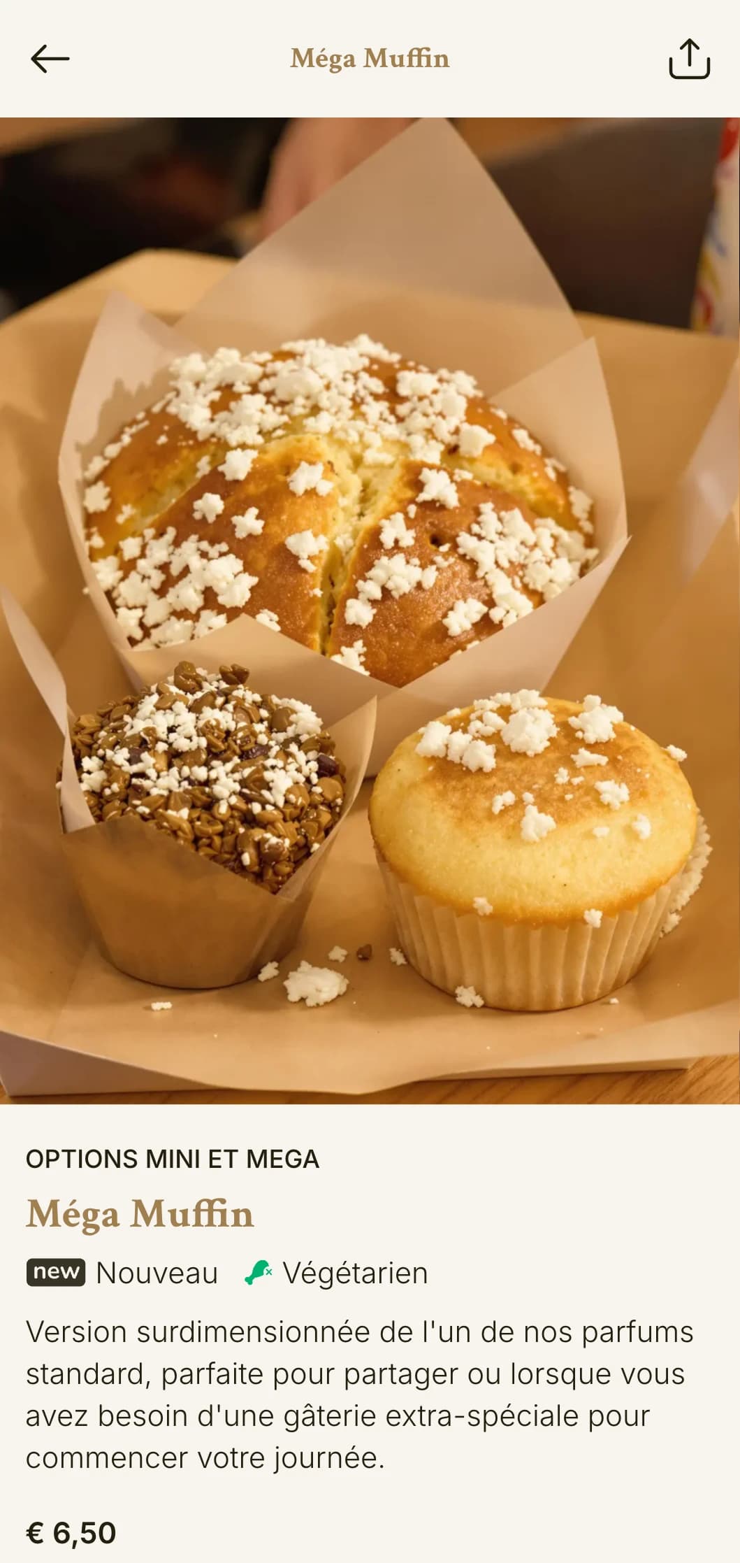 Une conception de menu de boulangerie chaleureuse et familiale avec des tons bruns dorés et une typographie traditionnelle, idéale pour les spécialistes des muffins et les boulangeries artisanales.