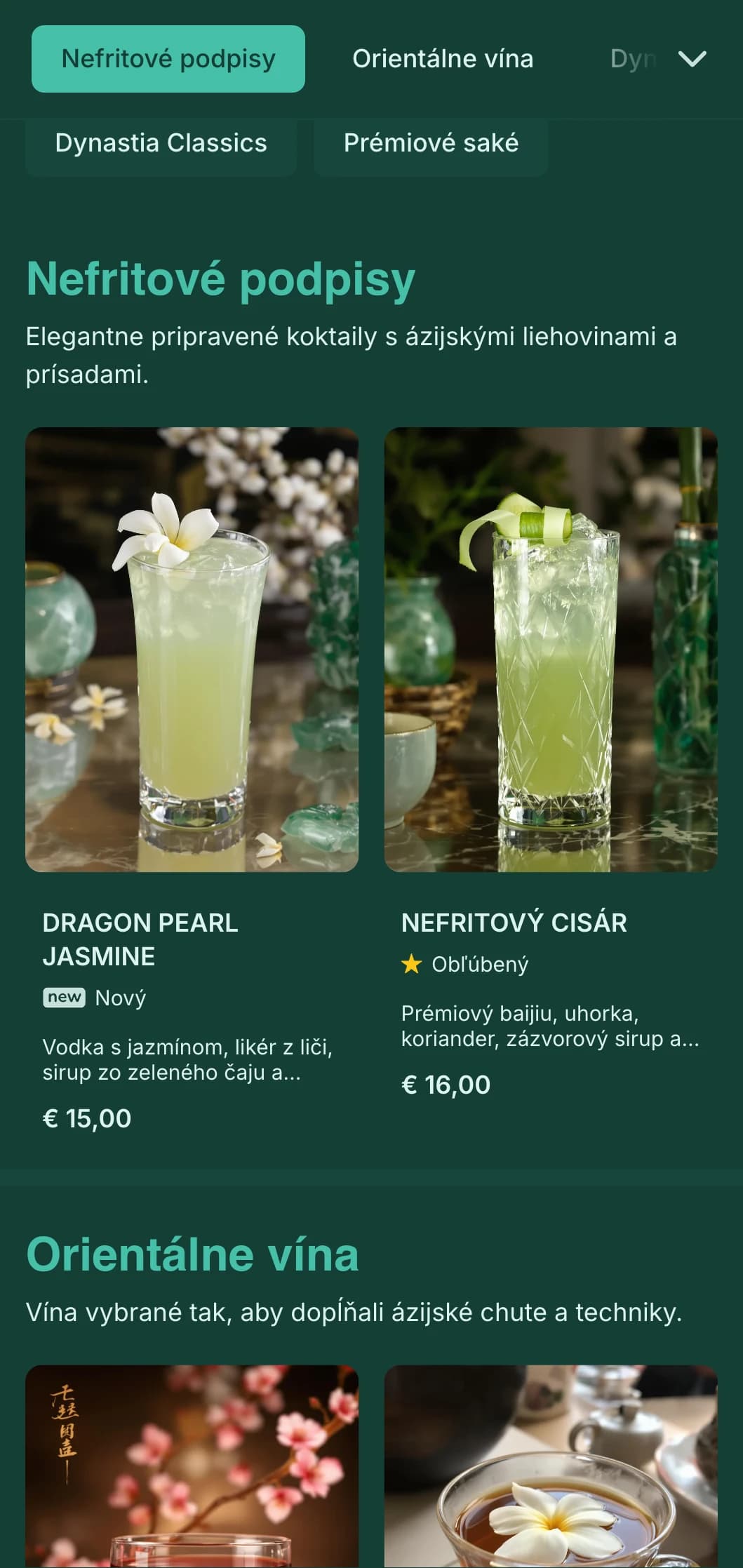 Elegantný zelený dizajn inšpirovaný čínskym umením pre ázijsky inšpirované koktailové salóniky.
